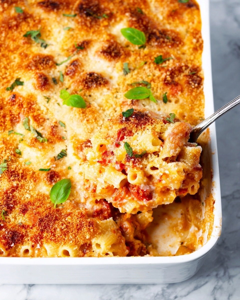 A white rectangular baking dish filled with baked pasta casserole. The top layer is golden and bubbly melted cheese with some crispy light brown breadcrumb bits scattered across. Small pieces of red tomato sauce peek through the cheese. There are fresh green basil leaves sprinkled on the surface. A silver spoon is lifting a portion from the corner, showing layers beneath the cheese: tubular pasta covered in red tomato sauce mixed with melted cheese and herbs. The background is a white marbled surface. photo taken with an iphone --ar 4:5 --v 7