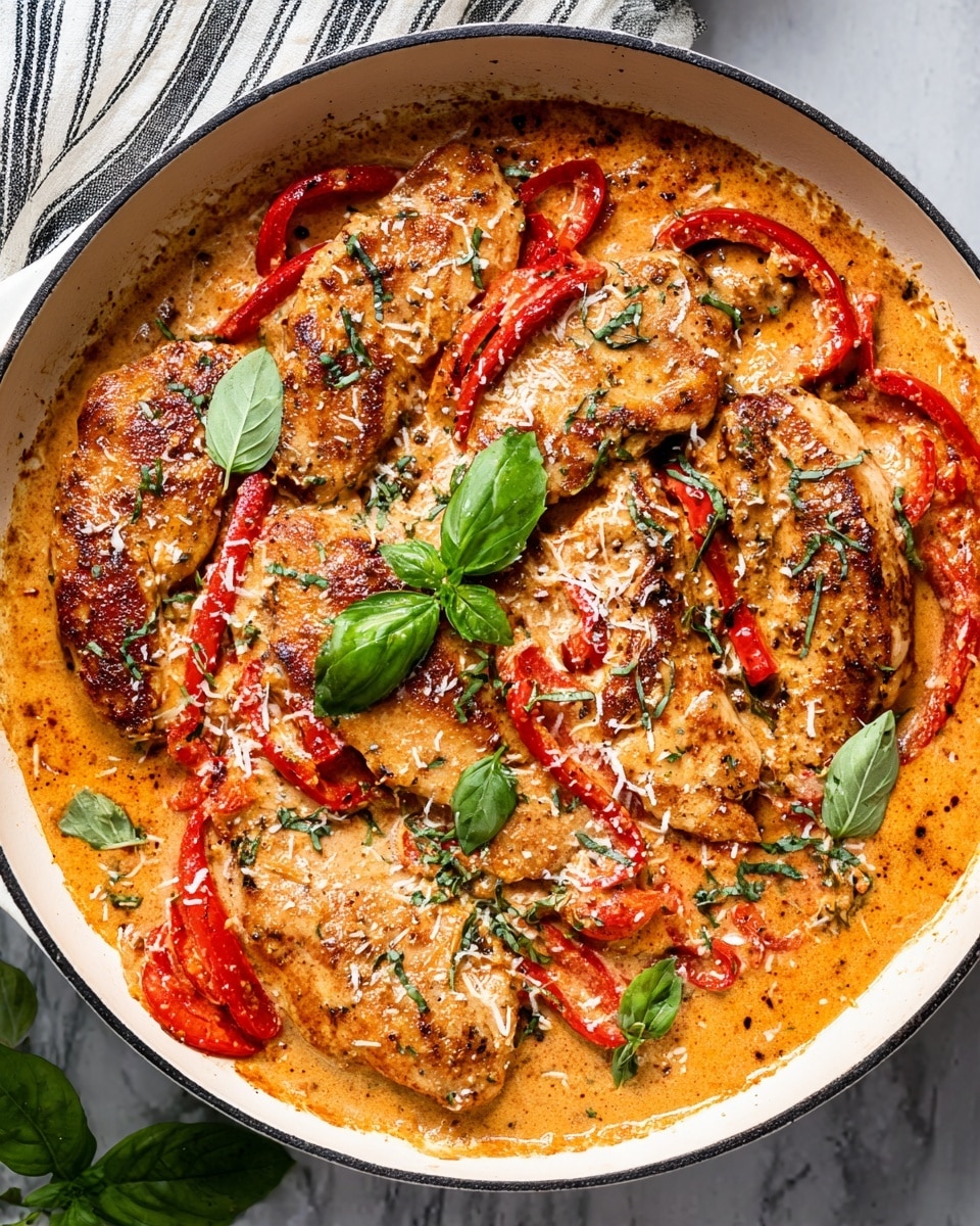 A white pan filled with a creamy orange-colored sauce as the base layer, textured with herbs and spices, holding several medium-brown cooked chicken breasts arranged on top. Bright red sliced bell peppers are scattered between and under the chicken pieces, adding a pop of vibrant color. Fresh green basil leaves are placed on top for garnish, and a light sprinkling of white grated cheese covers parts of the dish. The pan sits on a white marbled surface with a striped cloth partially visible in the background. Photo taken with an iphone --ar 4:5 --v 7