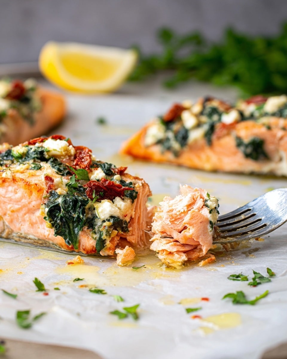The image shows a piece of cooked salmon fillet with layers of different colors and textures. The bottom layer is light pink salmon flesh, very flaky and tender. On top of the salmon, there is a mix of dark green spinach leaves, white creamy feta cheese, and small bits of red sun-dried tomatoes, creating a colorful, textured topping. The salmon sits on a white marbled surface scattered with some oil droplets and green parsley pieces. There is a shiny silver fork pulling a portion from the fillet on the right side, and a bright yellow lemon wedge is placed just behind the salmon. The background is softly blurred, with hints of green herbs and two more salmon pieces. photo taken with an iphone --ar 4:5 --v 7
