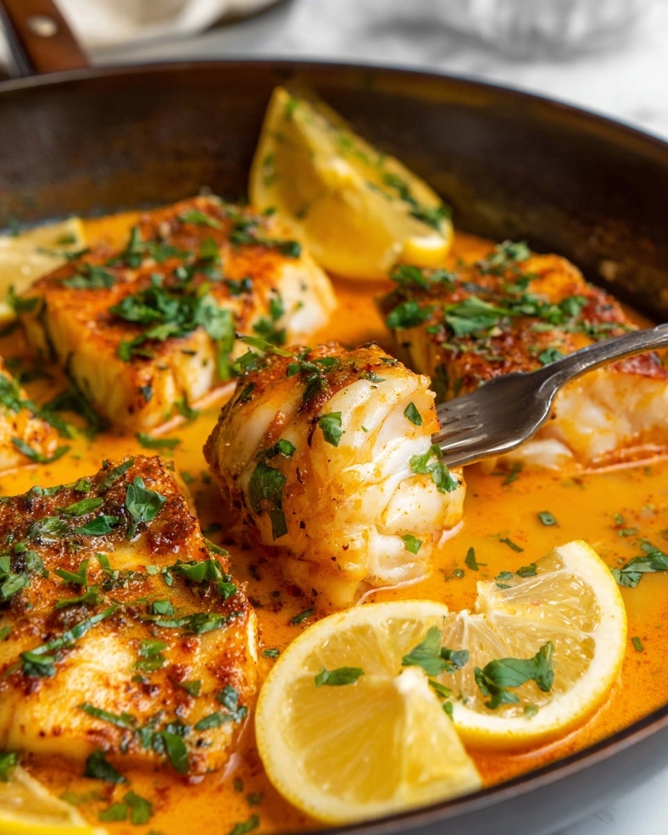 A close-up of a dish showing several thick, white and orange cooked fish chunks in a shallow black pan, sitting in a bright orange sauce. The fish pieces are topped with chopped green herbs and surrounded by thick slices of fresh yellow lemon. A silver fork is piercing a piece of fish on the right side. The background is a white marbled texture. photo taken with an iphone --ar 4:5 --v 7