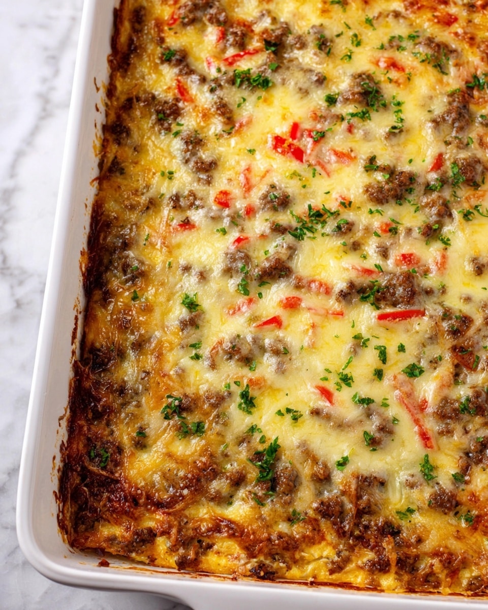The dish is a baked casserole in a white rectangular baking dish. The top layer is melted golden-yellow cheese, covering a mix of small brown meat pieces and thin strips of red bell pepper scattered throughout. Green herb bits are sprinkled lightly on top, adding a fresh touch. The edges of the cheese are slightly browned and crispy. The dish sits on a white marbled surface. photo taken with an iphone --ar 4:5 --v 7