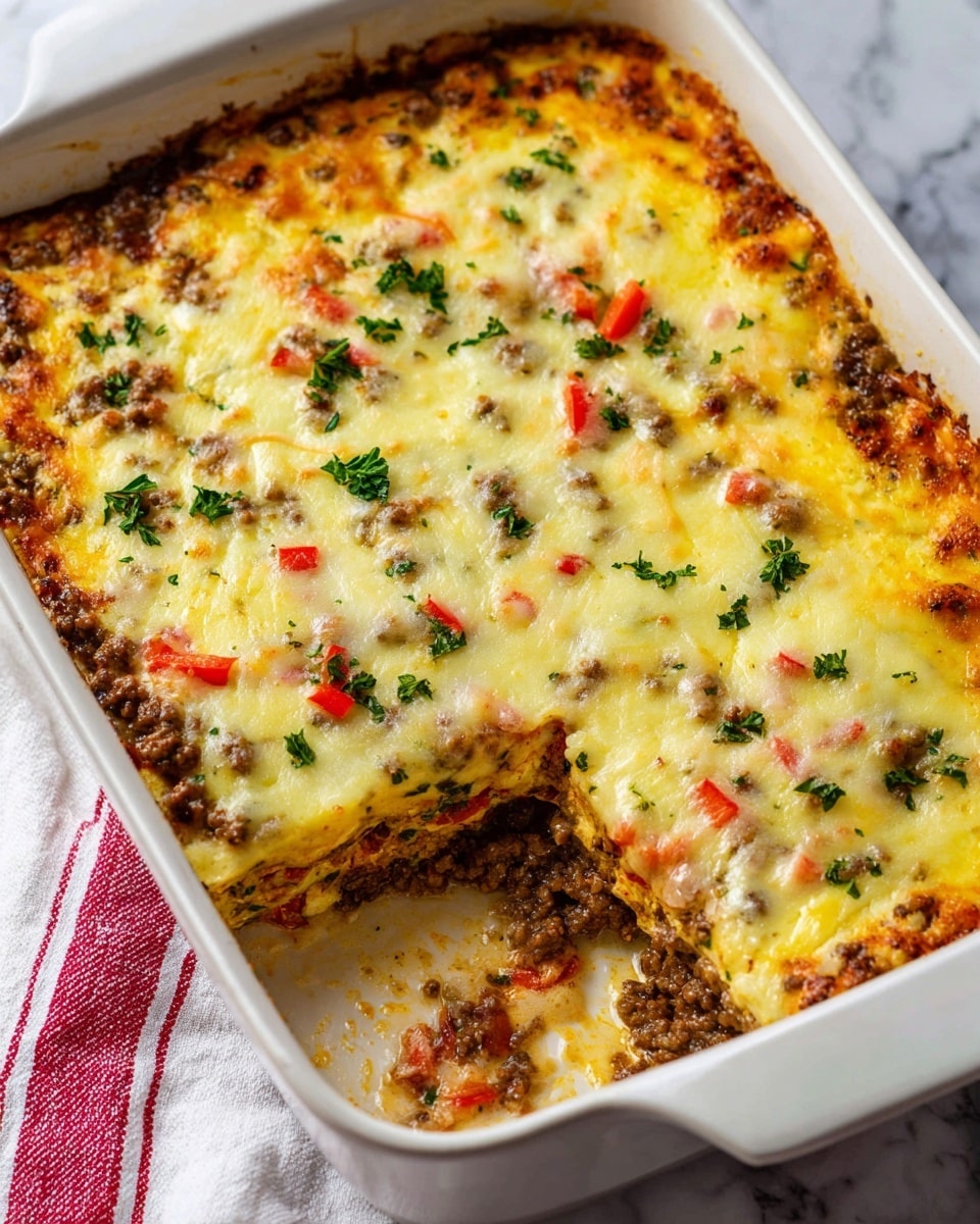 The image shows a white rectangular baking dish filled with a baked casserole that has at least three visible layers. The top layer is melted light yellow cheese with some slightly browned spots, scattered with small green parsley pieces and thin strips of red bell pepper. Under the cheese, a layer of cooked ground meat mixed with bits of red peppers creates a textured, brownish layer peeking through in some areas. The dish is placed on a white marbled surface with a white and red cloth napkin nearby. photo taken with an iphone --ar 4:5 --v 7