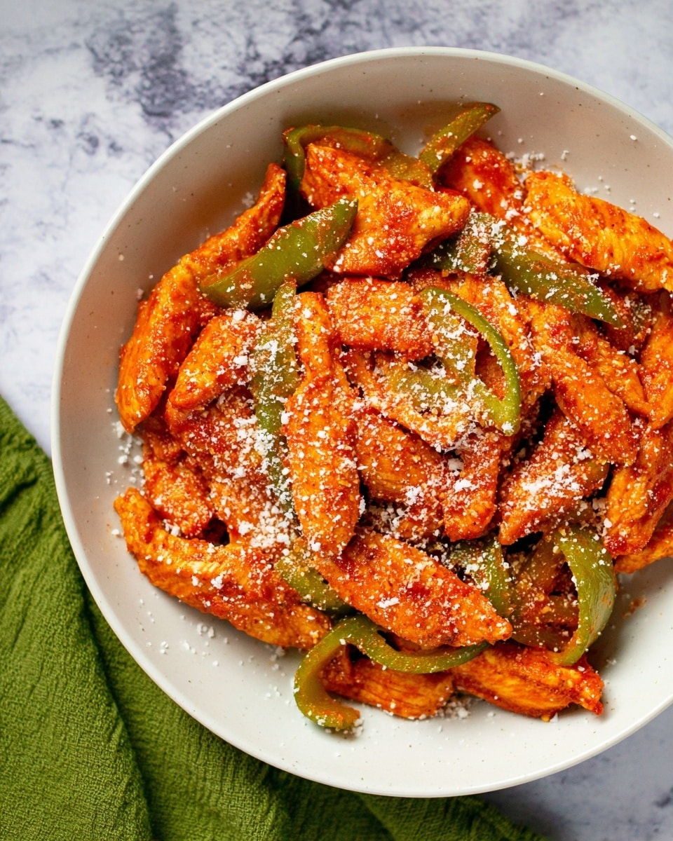 A white bowl filled with a single layer of cooked chicken strips that are orange-red in color from the sauce, mixed with thin slices of green bell peppers scattered throughout. The chicken pieces have a slightly rough texture from the spices and sauce coating them, while a sprinkling of grated white cheese dusts the top. The bowl sits on a white marbled surface with a green cloth nearby. photo taken with an iphone --ar 4:5 --v 7