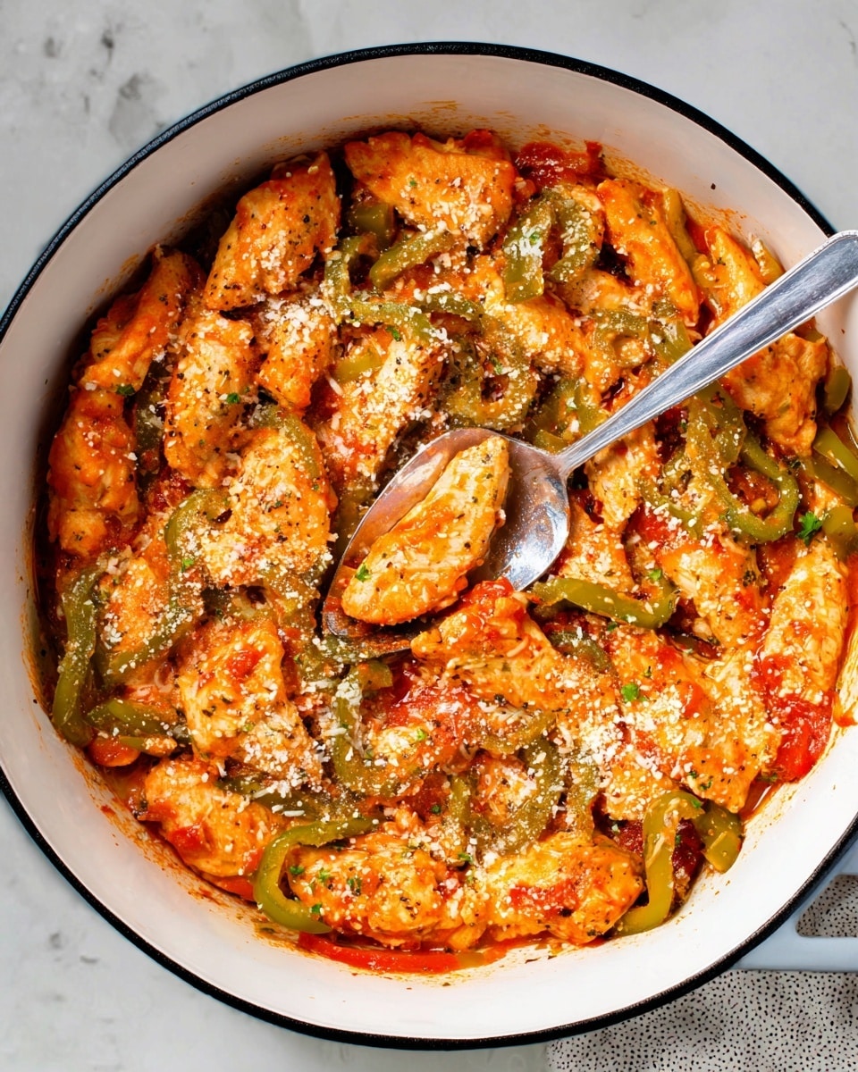 The dish is shown in a round white pot with a black rim. Inside, there are many pieces of cooked chicken that are light orange with a soft texture. These chicken pieces are mixed with green pepper strips and small bits of red tomato sauce spread around. The sauce has a slightly chunky texture and adds a red-orange color filling the pot. The top layer of the dish is sprinkled with white grated cheese. A silver spoon is partially inside the pot, scooping some chicken and peppers from the mixture. The pot is placed on a white marbled surface. photo taken with an iphone --ar 4:5 --v 7
