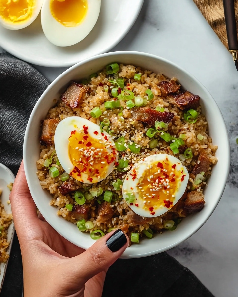 A white bowl filled with a layer of light brown fried rice mixed with pieces of crispy brown pork and topped with green sliced scallions. On top, near the edge of the bowl, lies a half of a soft-boiled egg with a bright yellow yolk sprinkled with red chili flakes and white sesame seeds. A woman's hand with black painted nails holds the bowl on the left side. In the blurry background, there is a white bowl of similar rice and some white plate with two halves of the soft-boiled egg on a white marbled surface. photo taken with an iphone --ar 4:5 --v 7