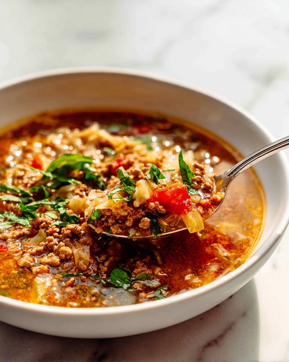 A white bowl filled with a rich, chunky soup that has a reddish-brown broth as the base. The soup contains three visible layers: the first layer is the broth, thin and slightly oily, covering the bottom; on top of this sits a layer of finely ground meat mixed with small pieces of pale cabbage and bright red tomato chunks; the top layer is sprinkled with fresh green herbs, adding a bright contrast. A silver spoon scoops a mix of the meat, cabbage, tomato, and herbs from the bowl. The bowl rests on a white marbled surface with soft, natural light highlighting the textures and colors of the soup, photo taken with an iphone --ar 4:5 --v 7