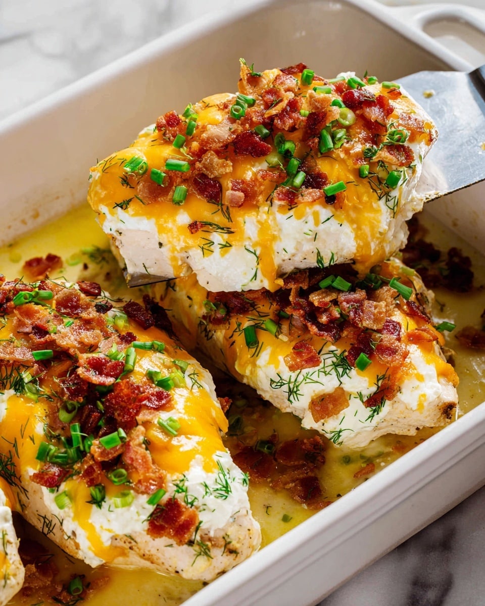 The dish shows two thick chicken breasts in a white baking dish, each topped with three visible layers: a creamy white cheese layer, a melted yellow-orange cheddar cheese layer, and a topping of chopped green onions and crispy bacon bits scattered all over. The chicken is juicy with some sauce pooling at the bottom of the dish, and some fresh dill sprinkles add a touch of green for contrast. A metal spatula is lifting one piece, showing the soft, cheesy texture on top and the cooked chicken underneath. The dish sits on a white marbled surface. photo taken with an iphone --ar 4:5 --v 7