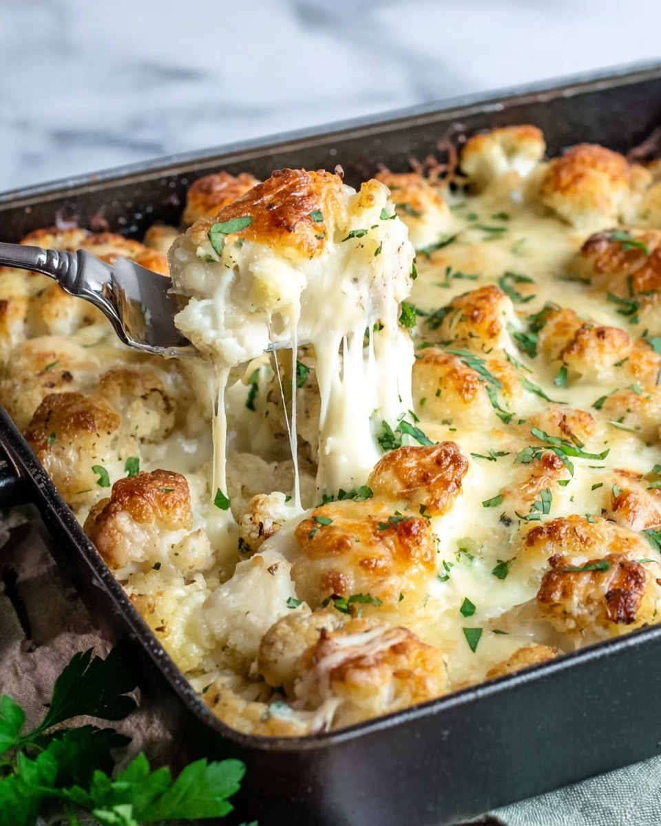 The dish shows a close-up of a rectangular black pan filled with a cheesy baked cauliflower casserole. The top layer is golden white melted cheese with some brown spots, textured with bubbly and gooey parts stretching from the fork lifting a cauliflower piece. Underneath, chunky cauliflower pieces are visible, creamy white with light brown roasted edges, mixed with chopped green herbs scattered on top. A shiny silver fork lifts one piece near the center, pulling strings of melted cheese. The background has a white marbled surface with some green herbs at the bottom corner. Photo taken with an iphone --ar 4:5 --v 7