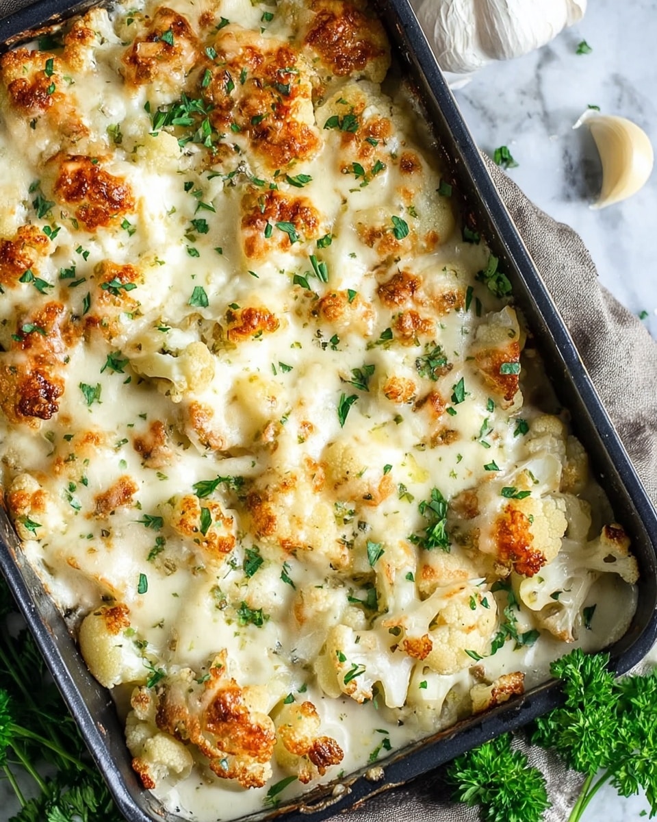 The image shows a close-up of a baked cauliflower dish in a black baking pan. The dish has multiple layers, with a base of white cauliflower florets that are tender and some slightly browned at the edges. On top, there's a thick, creamy white sauce that covers the cauliflower unevenly, with melted cheese browned in spots giving a golden, bubbly texture. Fresh green herbs are sprinkled around the top for a light touch of color. The pan is placed on a white marbled surface with some parsley leaves and a clove of garlic nearby. photo taken with an iphone --ar 4:5 --v 7