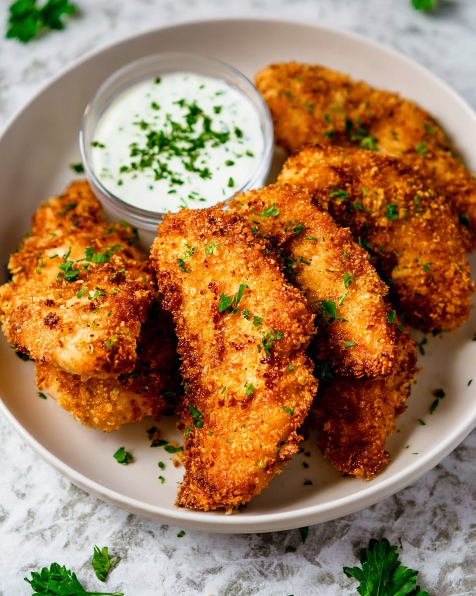 A white plate holds five pieces of golden-brown fried chicken tenders with a crunchy texture, sprinkled with small green parsley leaves. One tender is slightly lifted, showing its thick, crispy coating. On the side, there is a small clear glass cup filled with white creamy sauce topped with chopped green herbs. The plate is placed on a white marbled textured surface with some parsley leaves scattered around. photo taken with an iphone --ar 4:5 --v 7
