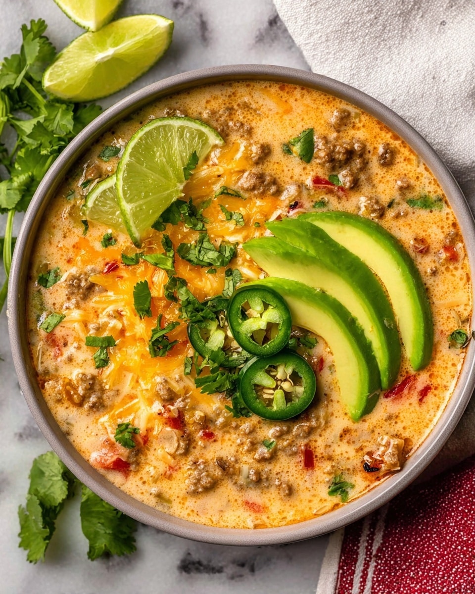 A close-up of a creamy soup served in a white bowl showing about four main layers: the base layer is thick and light orange with visible bits of ground meat and red bell peppers, scattered with melted shredded cheese that is pale yellow and light brown. On top of the soup sits a layer of three dark green slices of avocado arranged neatly on the right side, next to two wedge slices of lime that are light green and placed near the top left. Below the lime, there are three dark green jalapeño slices with visible seeds. Small green cilantro leaves are scattered over the soup and some lime wedges are placed nearby on a white marbled surface with a white and red cloth partially visible. photo taken with an iphone --ar 4:5 --v 7