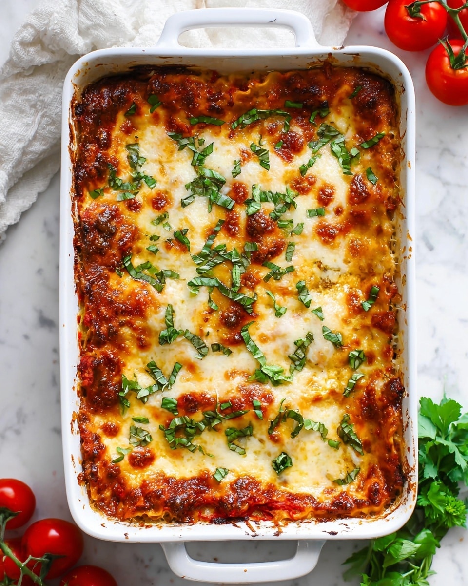 The image shows a baked lasagna in a white rectangular baking dish with handles. The top layer is melted cheese, golden and bubbly with some browned spots, giving a crispy texture on the edges. Scattered on the cheese are fresh green basil leaves, chopped and placed unevenly to add a fresh look. Below the cheese, hints of red tomato sauce and pasta sheets are visible, showing the multiple layers inside. The dish is placed on a white marbled surface, with tomatoes on the vine and some fresh herbs partially visible around it, adding a fresh, vibrant feel. photo taken with an iphone --ar 4:5 --v 7
