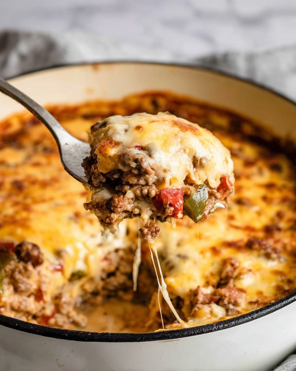A close-up of a white pot with a black rim filled with a thick, cheesy casserole. The dish has multiple layers visible on a scoop held by a fork: the top layer is golden melted cheese with stretchy texture, beneath it are chunks of ground meat mixed with pieces of green and red vegetables, and a creamy light brown sauce binding it all. The background shows the rest of the casserole with more melted cheese on top. The pot is placed on a white marbled surface. Photo taken with an iphone --ar 4:5 --v 7
