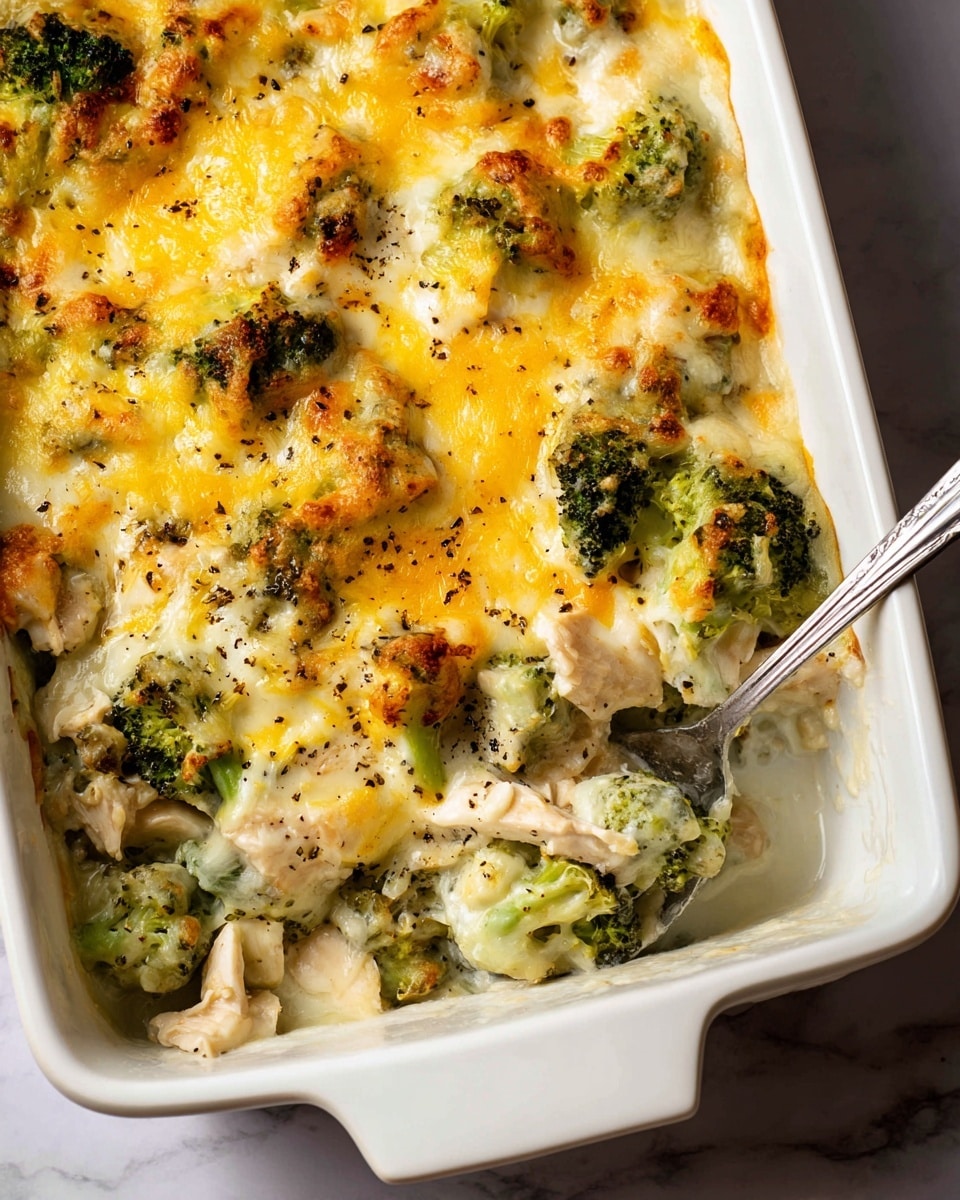 The image shows a three-layer casserole in a white rectangular baking dish on a white marbled surface. The bottom layer has chunks of white chicken mixed with tender broccoli pieces, creating a mix of pale and green colors. The middle layer is creamy and white, blending smoothly with the chicken and broccoli. The top layer is golden melted cheese with some browned spots and sprinkled black pepper, giving a rich yellow color with hints of green from broccoli poking through. A silver spoon scoops a portion from one corner, revealing the layers clearly. Photo taken with an iphone --ar 4:5 --v 7