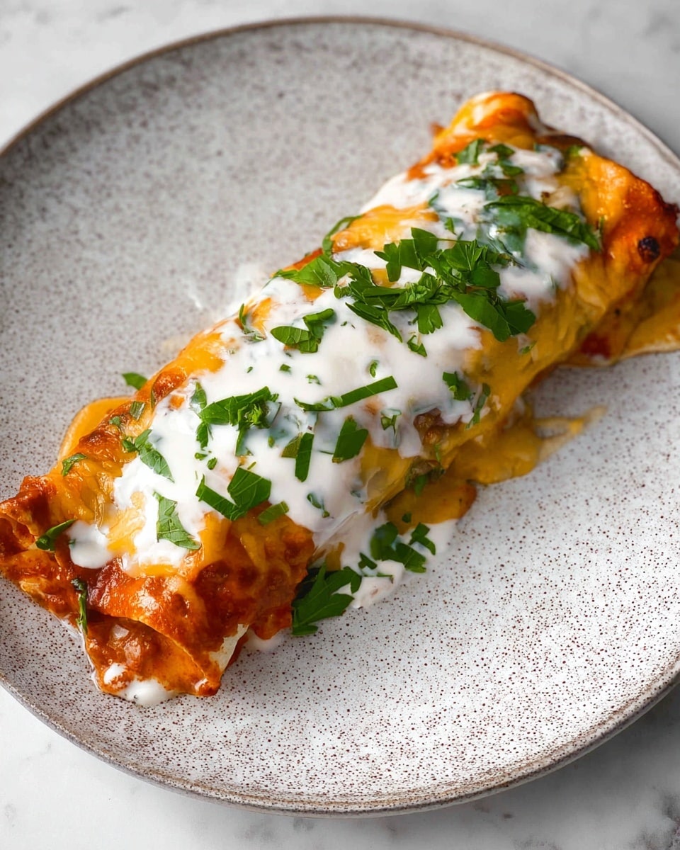 A single rolled enchilada sits on a white speckled plate with three visible layers. The outer layer is a soft tortilla covered in melted, slightly browned yellow and orange cheese. Inside, there is a layer of rich, red sauce that peeks out from the edges. On top of the enchilada, a smooth and creamy white sauce is spread, dotted with fresh green parsley leaves that add a touch of color and freshness. The plate rests on a white marbled surface, creating a clean and simple background. photo taken with an iphone --ar 4:5 --v 7