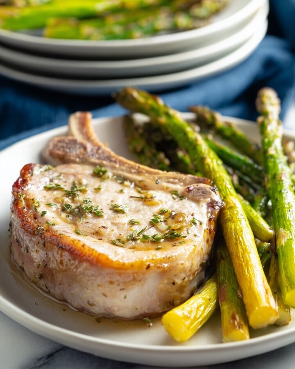 A white plate holds a cooked pork chop that is light brown and slightly greasy with herbs sprinkled on top, showing a smooth texture. Next to the pork chop are cooked asparagus stalks, bright green with some parts yellowing, appearing tender and shiny. The plate is set on a white marbled surface with a blurred background featuring a stack of other white plates with more asparagus. Photo taken with an iphone --ar 4:5 --v 7