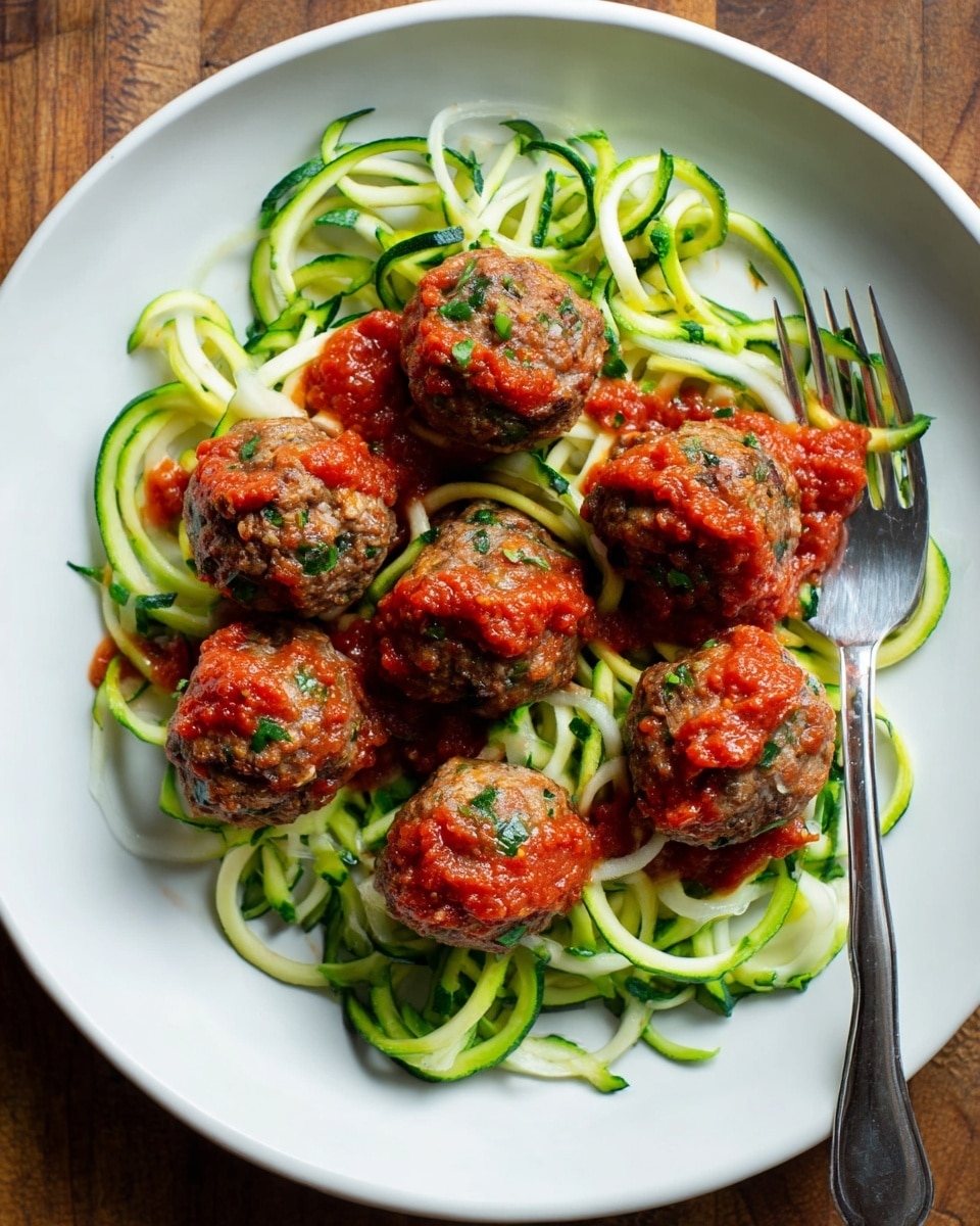 A white plate holds a bed of green and white spiralized zucchini noodles, arranged loosely to cover the base. On top are six browned, round meatballs with a textured surface showing bits of green herbs inside, each topped with a dollop of chunky red tomato sauce. Some extra red sauce peeks between the zucchini spirals around the meatballs. To the right edge of the plate, a shiny silver fork rests with its handle on the plate and prongs pointing inward. The plate is on a wooden surface that is replaced with a white marbled texture. photo taken with an iphone --ar 4:5 --v 7