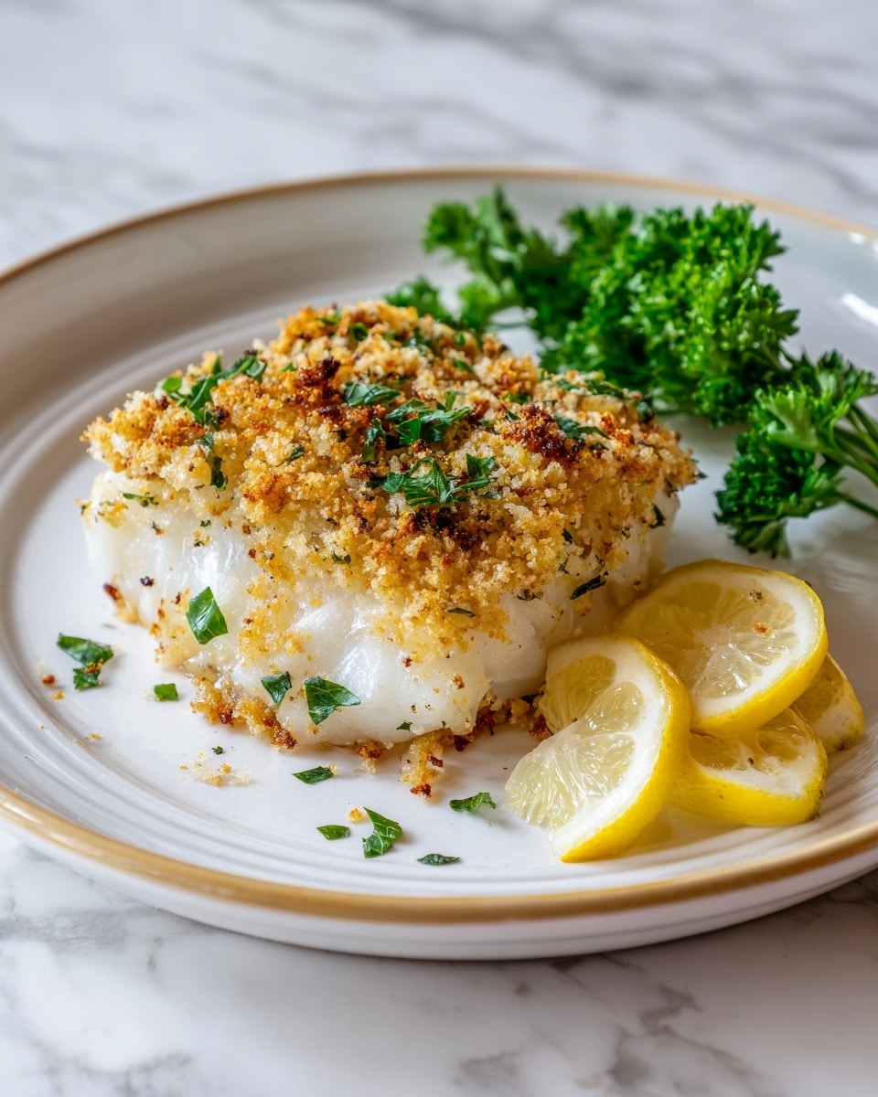 A piece of white fish with a golden-brown crispy breadcrumb crust sits in the center of a white plate with a thin, rustic brown rim. The fish has a moist, flaky texture beneath the crunchy top layer. To the top right of the fish, there are two thin lemon slices, showing their pale yellow flesh and white rind. To the top left, there is a small bunch of fresh green parsley with curly leaves. The plate is set on a surface with a white marbled texture. photo taken with an iphone --ar 4:5 --v 7