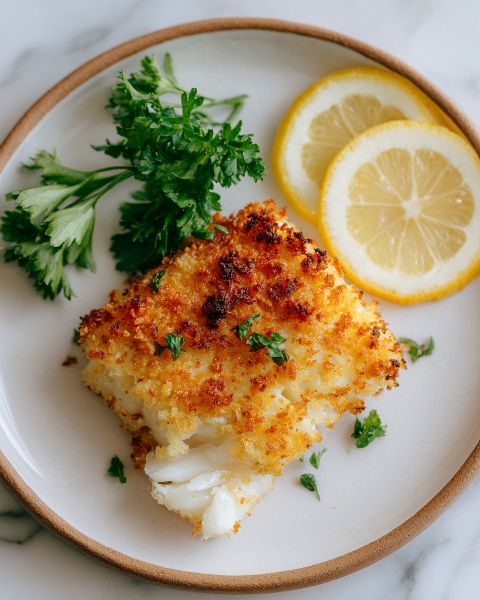 A white square piece of fish with a golden brown crispy crumb crust covers the top layer, showing some browned bits and green herbs mixed in, placed on a round white plate with a subtle gold rim. Next to the fish, there are two thin lemon slices, one pale yellow and the other light green, positioned on the right side, and a small bunch of bright green curly parsley leaves on the left side. The plate rests on a white marbled surface. photo taken with an iphone --ar 4:5 --v 7