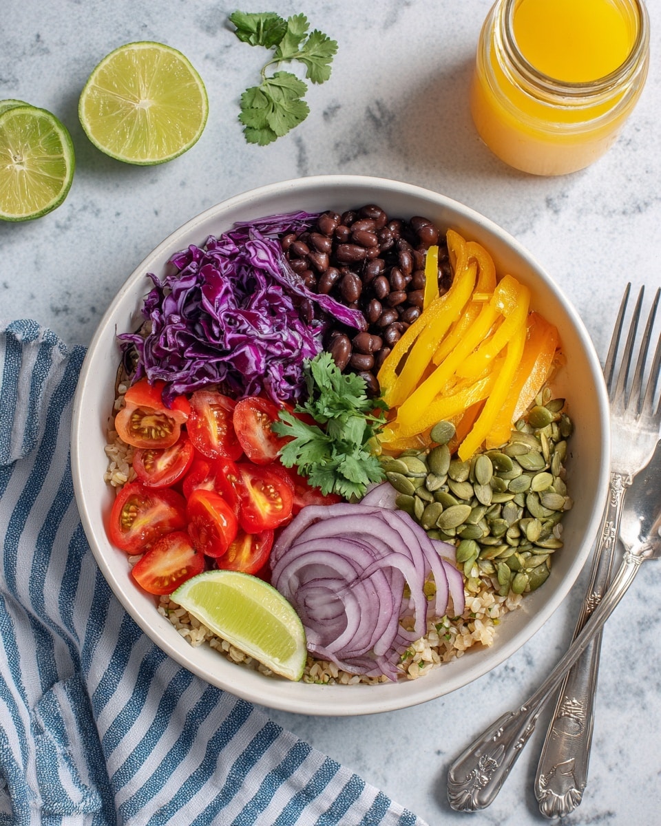 A large white bowl filled with a colorful layered salad, starting with a base layer of light beige grain, likely quinoa, covering the plate. On top, there are strips of red bell peppers on the left, next to bright green cilantro leaves. Below that is a cluster of halved red cherry tomatoes mixed with more cilantro. Moving clockwise, there are thinly sliced purple cabbage pieces and a pile of black beans garnished with a sprig of cilantro. Below the beans, bright yellow bell pepper strips fan out beside light green pumpkin seeds and a thin round slice of pale purple onion. Two lime wedges are placed on the edge of the bowl. The bowl sits on a white marbled surface, next to a white cloth with blue stripes, with a silver spoon and fork resting on it, and a glass jar with a yellow juice and a black-and-white striped straw in the background. photo taken with an iphone --ar 4:5 --v 7