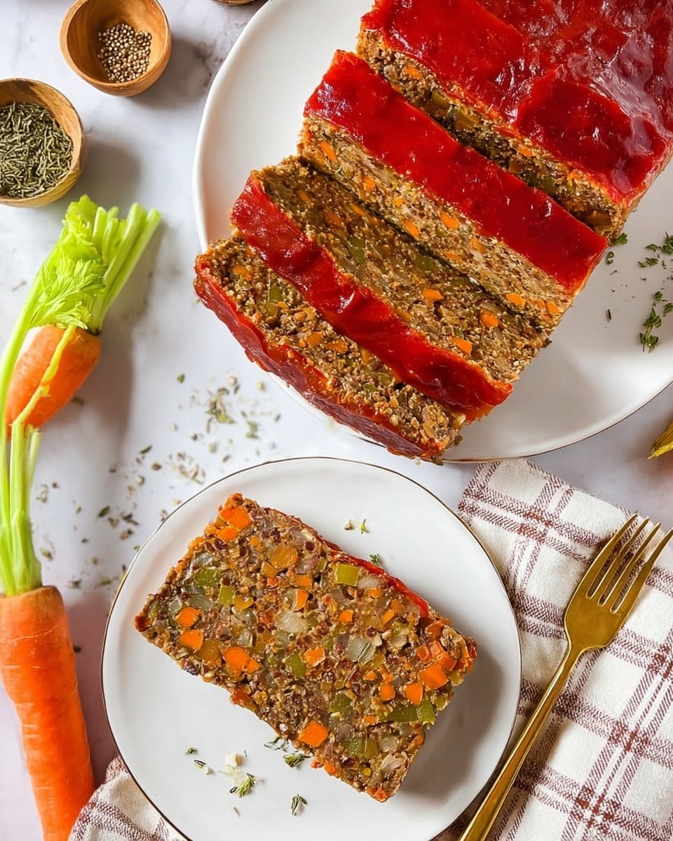 The image shows a loaf of veggie meatloaf sliced into three thick pieces, placed on a white plate. The top layer is a bright red glaze, smooth and shiny, covering the whole loaf. Below the glaze, the meatloaf has a dense, textured layer filled with visible chunks of orange carrots, green celery, and various seeds and grains scattered throughout its brown body. One slice sits alone on a smaller white plate below, with some dried herbs sprinkled around it, showing the same chunky inside texture with bits of vegetables. Around the plates, there is a whole carrot and green celery on a white and brown striped cloth, along with small bowls of dried herbs and spices. A gold fork rests near the smaller plate on a white marbled surface. photo taken with an iphone --ar 4:5 --v 7