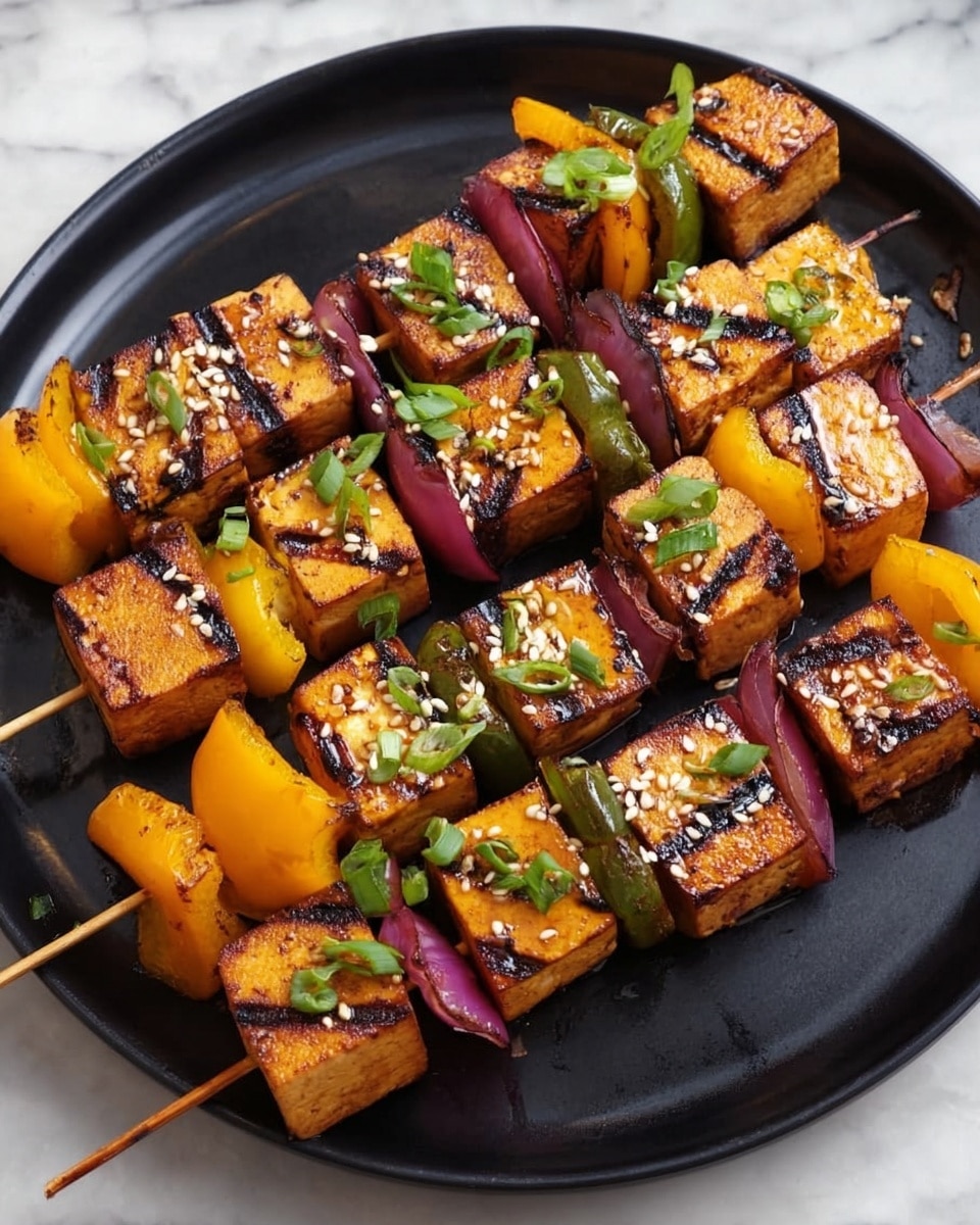 The image shows six skewers on a black plate, each skewer with four thick cubes of grilled tofu that are golden brown with visible grill marks. Between the tofu pieces, there are yellow bell pepper chunks and purple onion segments, both slightly charred around edges. The tofu and vegetables are sprinkled with white sesame seeds and small green onion slices, with a few fresh herb leaves on top. The plate rests on a white marbled surface. photo taken with an iphone --ar 4:5 --v 7