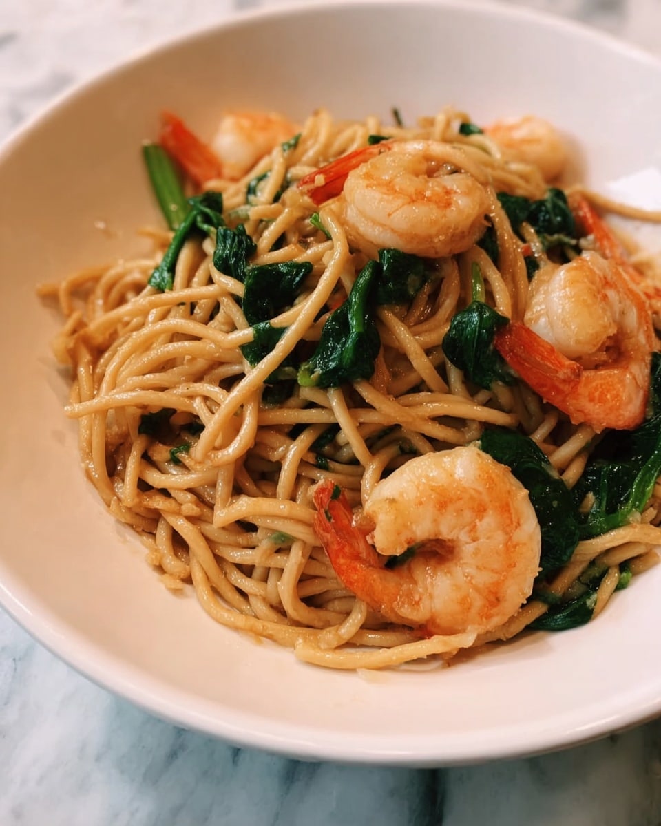 The image shows a white bowl filled with a noodle dish that has about two layers: the base layer is light brown noodles twisted and piled in the center, and the top layer consists of bright orange shrimp and dark green spinach leaves scattered evenly over the noodles. The noodles have a slightly oily texture and the shrimp show their curled shape and slight shine. The bowl sits on a white marbled surface. photo taken with an iphone --ar 4:5 --v 7