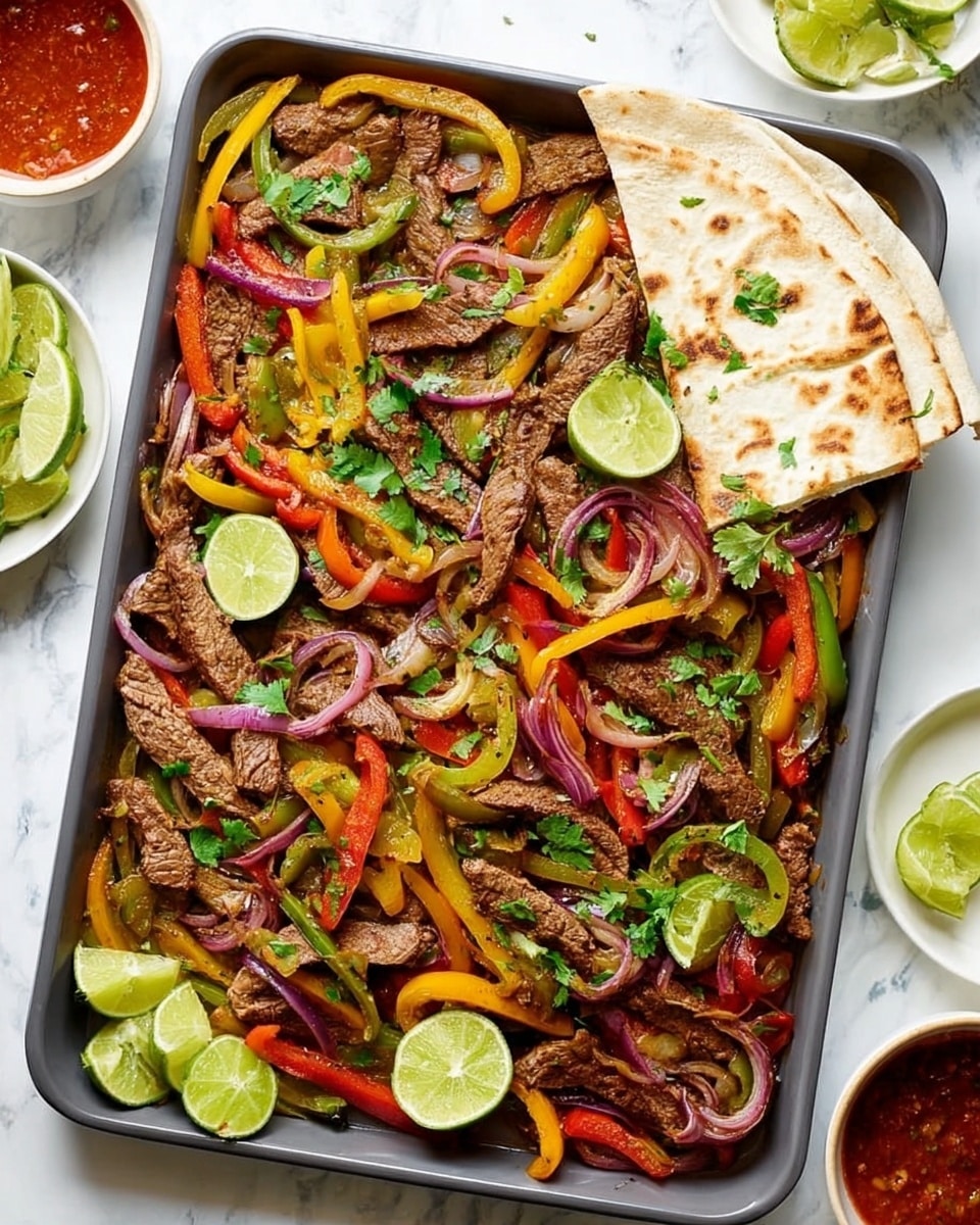 A white rectangular tray filled with cooked strips of brown beef mixed with colorful sliced bell peppers in red, yellow, and green, along with sautéed red onion rings. There are round slices of light green lime scattered across the meat and vegetables, which are also topped with fresh cilantro leaves. On the top right corner of the tray, two pieces of folded flatbread rest partially over the food. The tray is placed on a white marbled surface with small white plates holding lime wedges and red sauce bowls around it. photo taken with an iphone --ar 4:5 --v 7