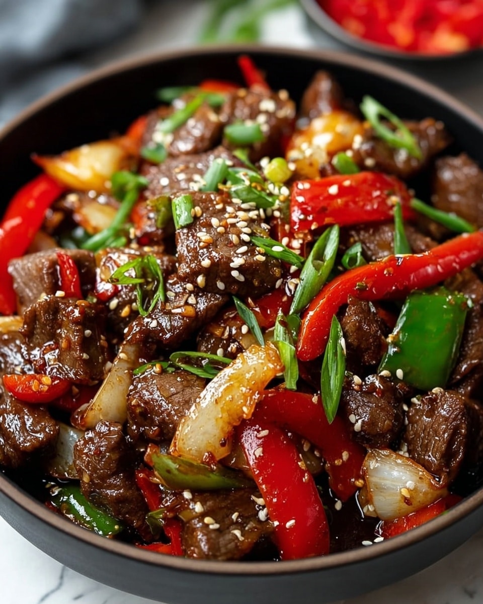 A close-up view of a black bowl filled with stir-fried beef pieces that are dark brown with a glossy texture. Mixed with the beef are bright red sliced peppers and vibrant green whole chilies, along with chunky light golden-brown onion pieces. The dish is sprinkled with white sesame seeds and small green onion slices, enhancing its color contrast. The background is a white marbled texture with a bowl of red chopped vegetables blurred in the back. photo taken with an iphone --ar 4:5 --v 7