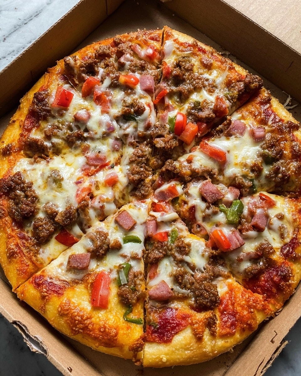 A large pizza on a cardboard box with a thick golden-brown crust, topped with melted white cheese spread evenly across the surface. There are visible layers of cooked ground meat, slices of pink sausage pieces scattered around, chopped green bell peppers, and small chunks of red tomato. The cheese looks bubbly and slightly browned in spots, giving a rich texture. The pizza is cut into eight slices and sits on a white marbled surface. photo taken with an iphone --ar 4:5 --v 7