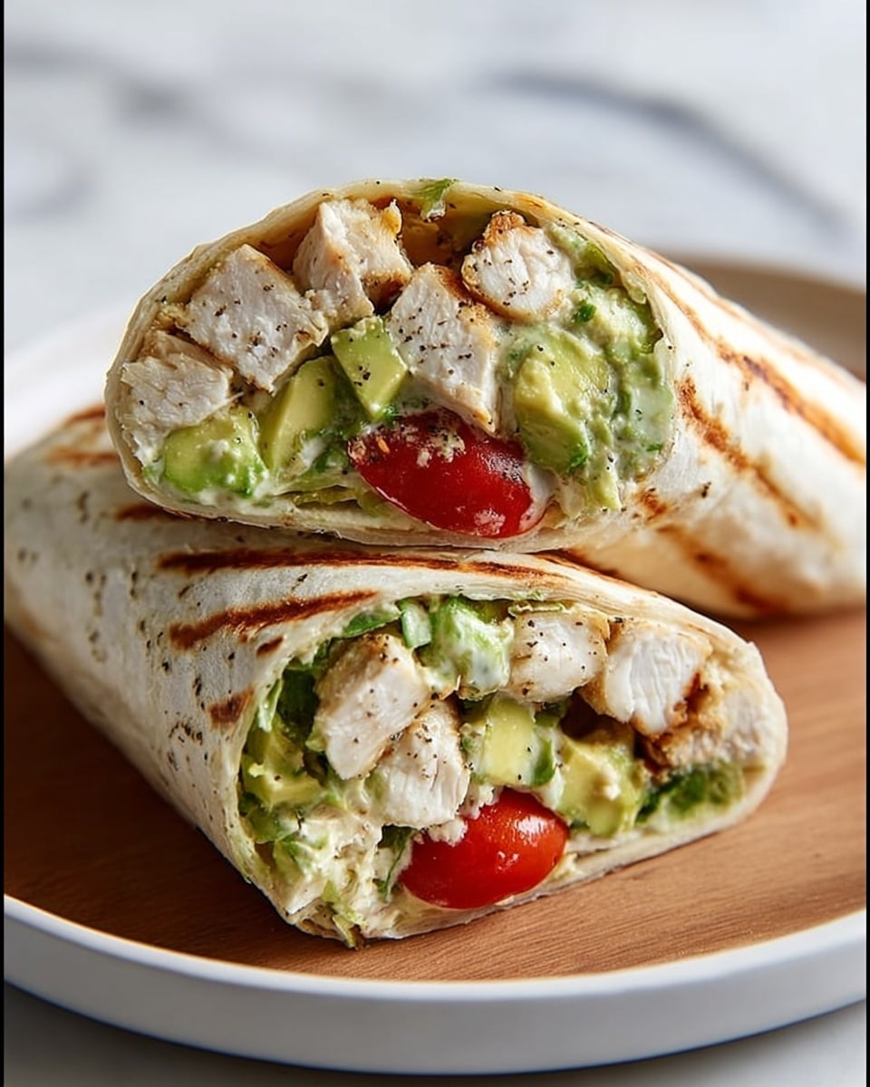 The image shows a wrap cut in half and stacked on a white plate with a smooth, rounded edge. The wrap has a light golden-brown toasted outer layer with slightly uneven char marks. Inside, three main layers are visible: the top layer contains bright red cherry tomatoes and pale green chunks of avocado with a creamy texture; the middle layer has chunks of white grilled chicken with light pepper seasoning, and the bottom layer is filled with green leafy lettuce pieces. The wrap is tightly rolled, making the filling sections dense and packed. The plate sits on a surface with a white marbled texture, and the edges of a sliced avocado are visible in the blurred background. photo taken with an iphone --ar 4:5 --v 7