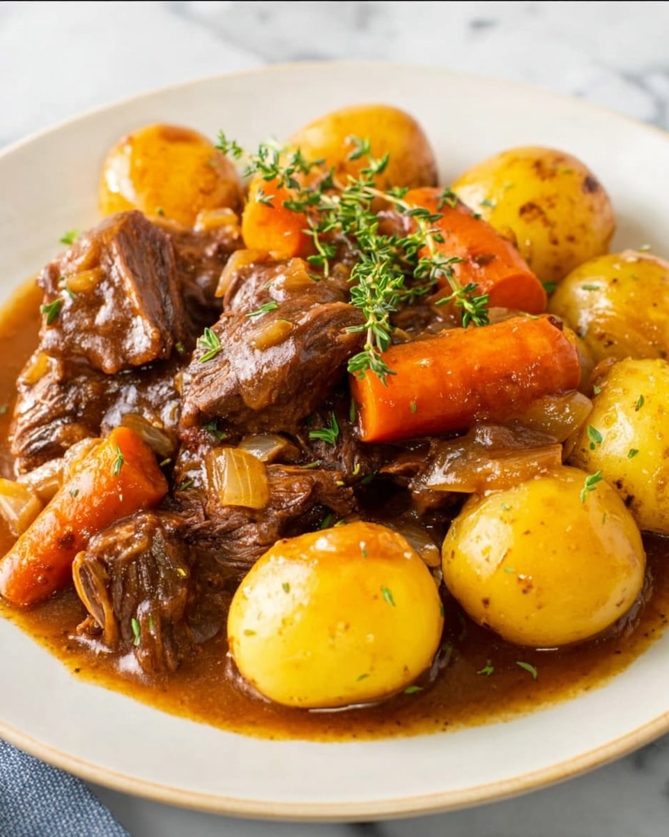 The dish features a white plate filled with a hearty stew consisting of three main layers: at the bottom is a rich brown gravy with a glossy texture, above it are large chunks of tender, shredded beef in dark brown shades with bits of translucent cooked onion on top, and scattered around are round, golden yellow baby potatoes with smooth skin and bright orange carrot pieces cut into thick segments. Fresh green sprigs of thyme garnish the stew, adding a touch of color. A silver fork rests partially under the meat at the plate’s edge, all placed on a white marbled background. Photo taken with an iphone --ar 4:5 --v 7