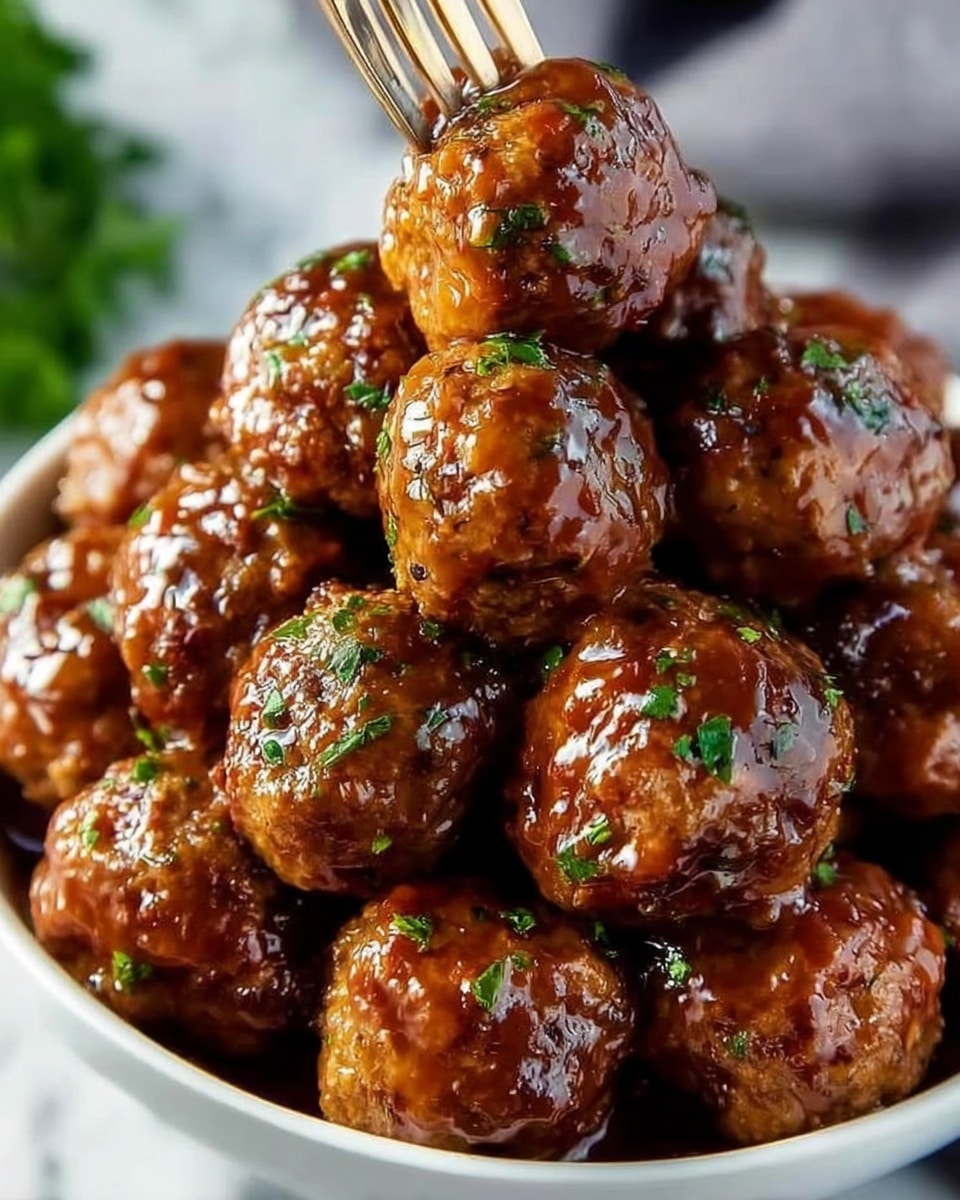 A white bowl filled with many shiny, glazed meatballs stacked in several layers, each meatball covered in a thick, rich brown sauce with scattered green herb pieces on top, a silver fork is piercing the meatball at the top center, with a blurred white marbled surface background and hints of green and gray around. photo taken with an iphone --ar 4:5 --v 7