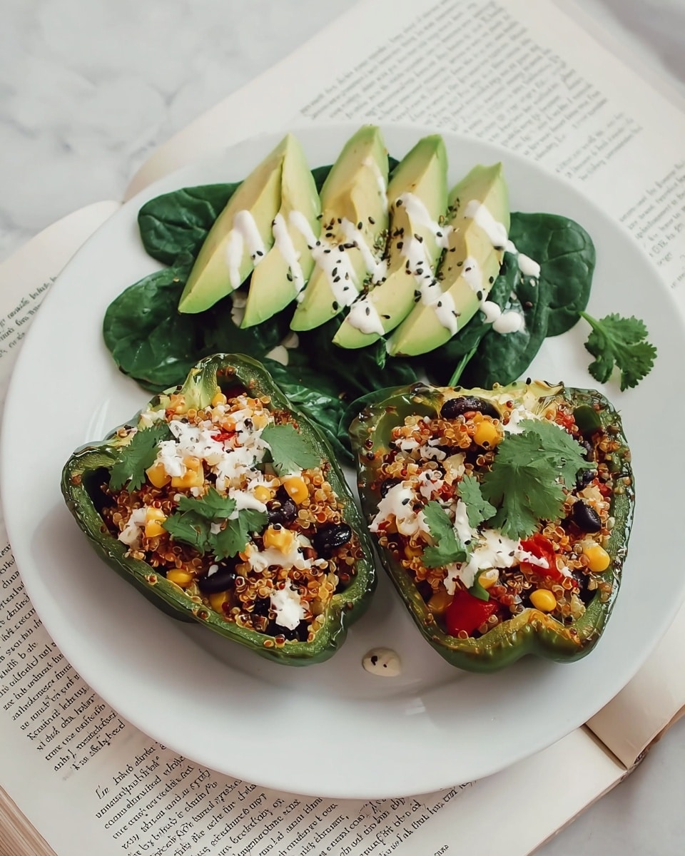 On a white plate, there are two green bell pepper halves filled with a colorful mix of cooked quinoa, black beans, yellow corn, small red tomato pieces, and crumbled white cheese, garnished with fresh green cilantro leaves. Beside them, there is a bed of dark green leafy spinach topped with five slices of light green avocado arranged neatly, drizzled with white sauce and sprinkled with small black chia seeds. Additional cilantro leaves are scattered around the plate, which rests on an open book on a white marbled surface. Photo taken with an iphone --ar 4:5 --v 7