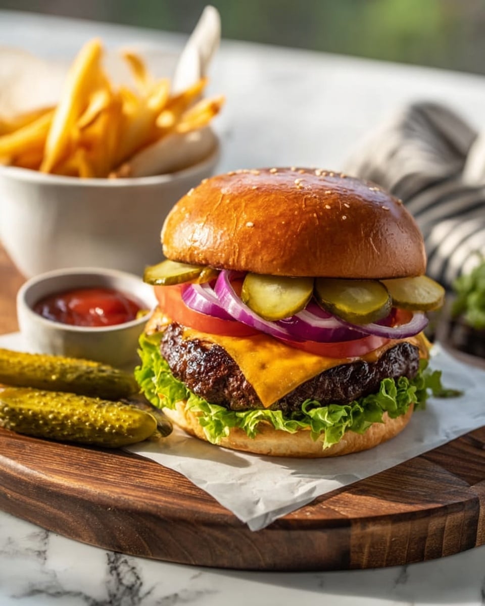 A cheeseburger is shown on a white marbled surface with a toasted golden brown bun on top. Below the top bun, there are sliced green pickles, thick red tomato slices, and purple onion rings. Underneath those is a melted bright orange cheddar cheese slice covering a juicy dark brown beef patty. Below the patty is a layer of fresh green leafy lettuce resting on the bottom toasted bun. Two whole pickles sit beside the burger on the serving board. To the left, there is a bowl of golden crispy fries and a small white bowl of red ketchup behind it. A single purple onion ring lies on the white marbled surface next to the burger. Photo taken with an iphone --ar 4:5 --v 7