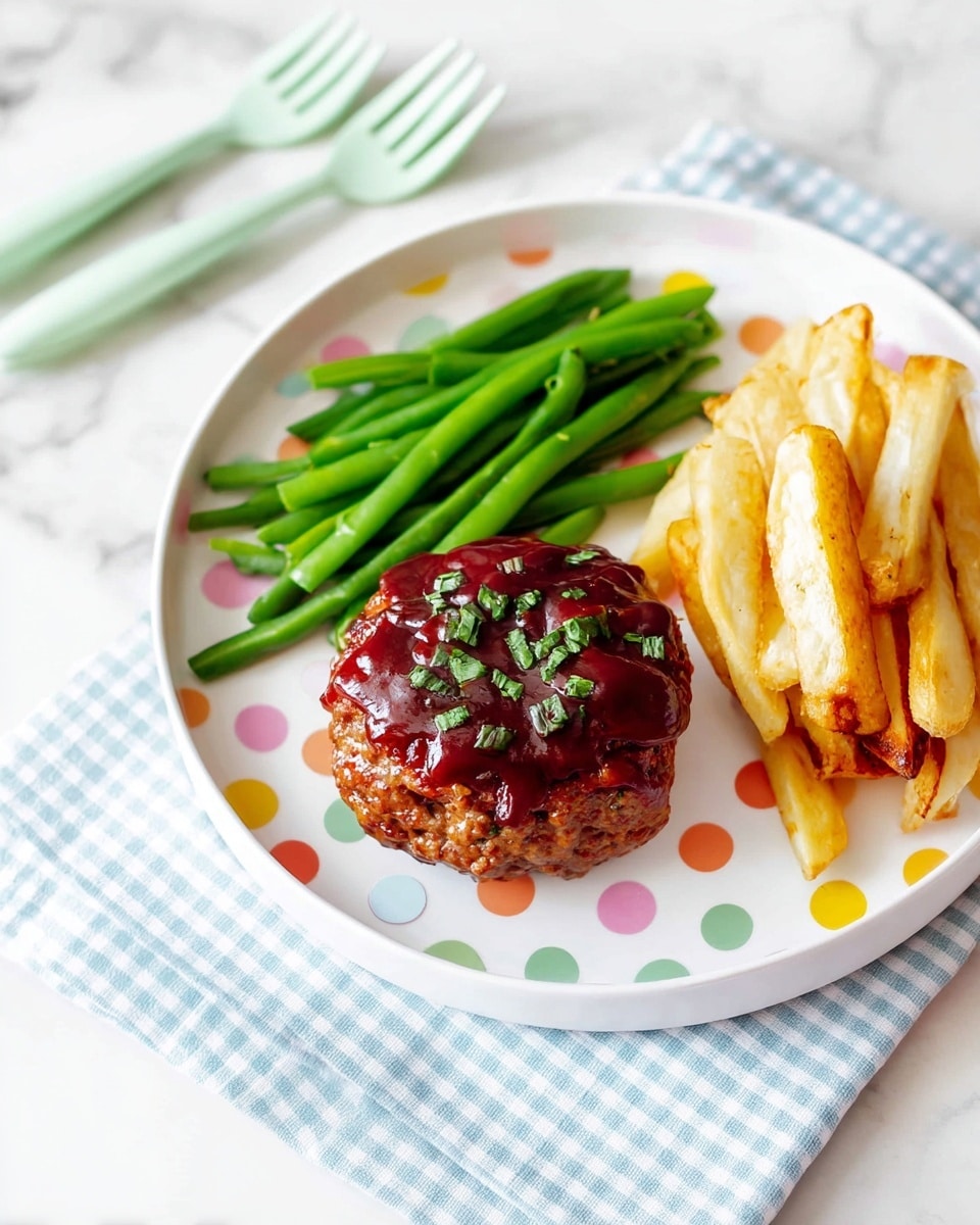 A white round plate with colorful polka dots holds a meal with three parts: on the left, bright green steamed green beans arranged neatly in a small pile; in the middle, a thick, round meatloaf topped with a shiny dark red glaze and sprinkled with small green herb pieces; and on the right, golden brown thick-cut fries stacked loosely. The plate sits on a white marbled surface with soft blue and white checkered cloth partly visible, alongside light pastel green cutlery. Photo taken with an iphone --ar 4:5 --v 7