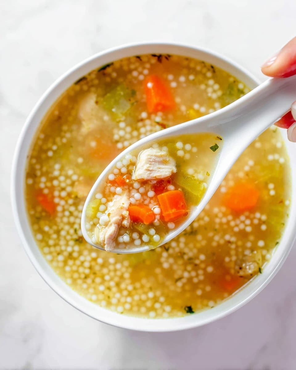 A close-up view of a white bowl filled with chicken soup, showing a clear broth with small white pearl-like couscous floating throughout. The soup contains visible chunks of light beige chicken, bright orange carrot pieces, and small green celery bits, all mixed evenly in the broth. A white ceramic spoon is held above the bowl by a woman's hand, scooping up a small portion of soup with chicken, carrot, and celery pieces, showing the texture and ingredients clearly. The background has a white marbled texture. photo taken with an iphone --ar 4:5 --v 7