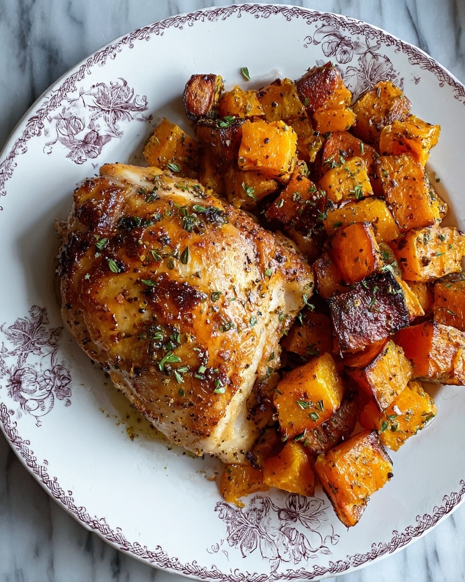 A white plate with a floral pattern around the edge holds a piece of cooked chicken with a golden-brown, slightly crispy skin, placed slightly left of center. The chicken is sprinkled with small bits of green herbs. Surrounding the chicken, especially on the right side, are chunky roasted pieces of orange sweet potato or squash, with some pieces showing a caramelized, dark brown edge, also garnished lightly with green herbs. The plate sits on a white marbled surface. photo taken with an iphone --ar 4:5 --v 7