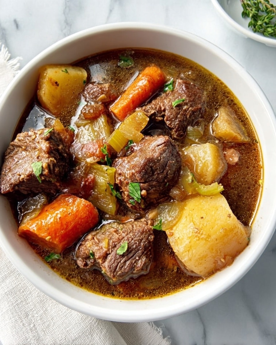 A white bowl filled with a rich beef stew containing large chunks of brown beef, orange carrot pieces, pale yellow potato chunks, and light green celery slices, all mixed in a dark brown broth with a glossy texture. Small bits of green herbs are scattered on top, adding a fresh touch. The bowl is placed on a white marbled surface with a white cloth visible partially underneath. photo taken with an iphone --ar 4:5 --v 7