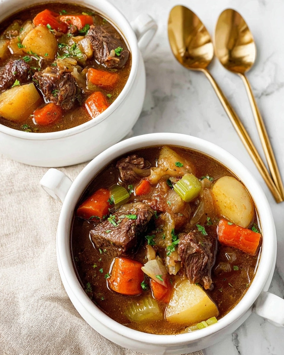 Two white bowls of beef stew sit on a beige cloth over a white marbled surface. Each bowl is filled with a rich brown broth, with visible chunks of dark brown beef, bright orange carrot pieces, pale yellow potato chunks, light green celery, and translucent cooked onions. Small green herb bits are sprinkled on top creating pops of color. Two golden spoons rest side-by-side in the upper right corner of the image, adding a warm metallic touch. The bowls have side handles and show a textured, hearty mix inside. Photo taken with an iphone --ar 4:5 --v 7