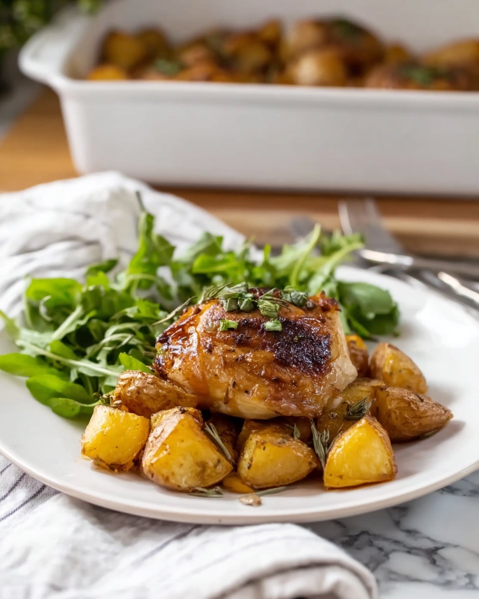 The dish is served on a white plate with three layers. The bottom layer is made of golden-brown roasted potato chunks with slightly crispy edges. On top of the potatoes, there is a piece of roasted chicken with brown, crispy skin topped with small green herb pieces. The top layer consists of fresh, bright green leafy salad placed behind the chicken and potatoes. In the background, a white baking dish filled with more roasted potatoes and chicken is slightly blurred. The setting is on a white marbled surface with a white striped cloth and silver fork visible. photo taken with an iphone --ar 4:5 --v 7