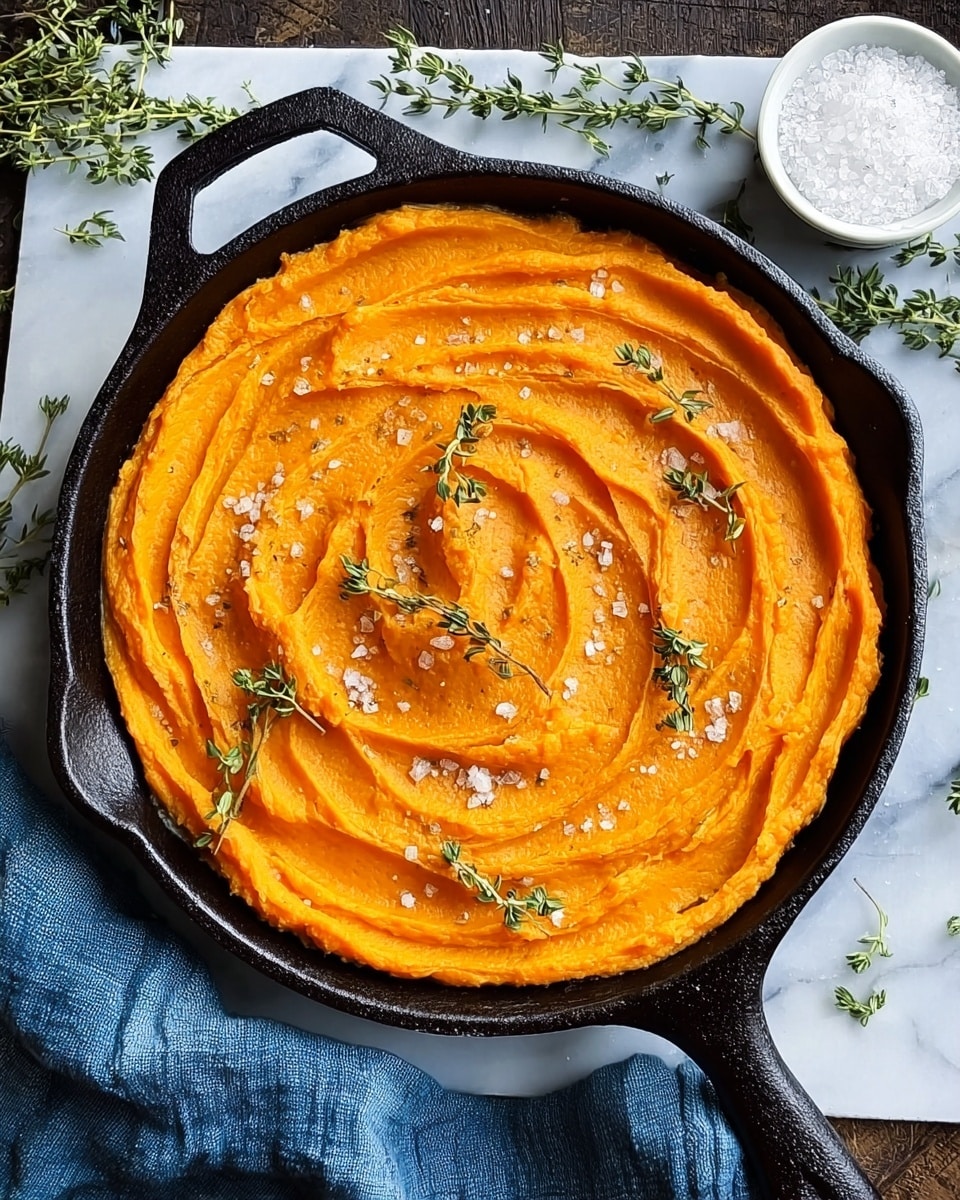 A black cast iron skillet filled with a smooth layer of bright orange mashed sweet potatoes, swirled with a spatula to create gentle waves on the surface. Small sprigs of fresh green thyme are scattered on top for decoration, along with a few grains of coarse salt that add texture and contrast. The skillet sits on a white marbled surface with some loose thyme sprigs around it, a small white bowl filled with coarse salt near the upper right, and a folded blue cloth napkin placed in the lower left corner. Photo taken with an iphone --ar 4:5 --v 7