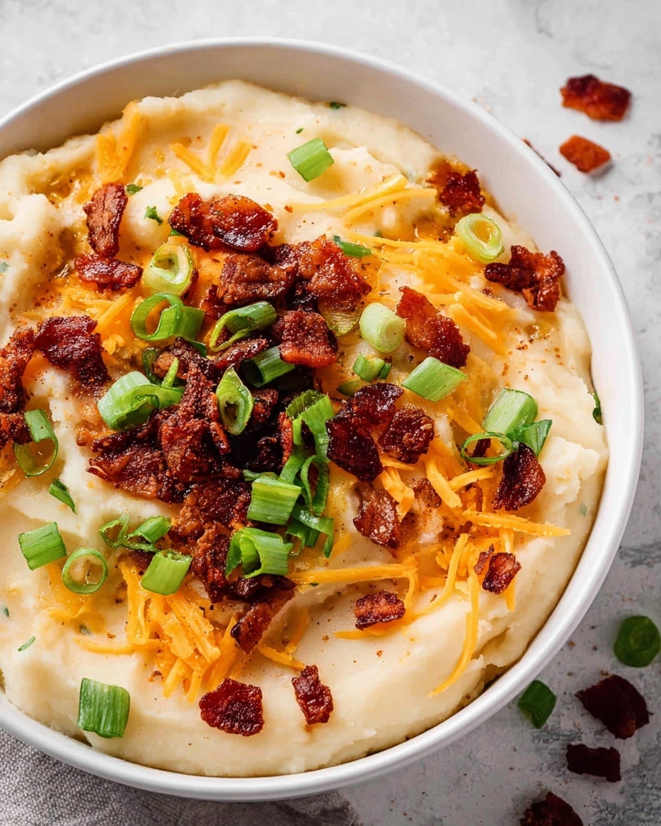 A white bowl holds creamy, light beige mashed potatoes as the main smooth layer, topped with shredded bright orange cheddar cheese scattered unevenly across the surface. On top of the cheese, there are small, crispy, dark brown bacon pieces and fresh, sliced green onions with a light green and dark green mix, giving a fresh and crunchy look. The bowl sits on a white marbled textured surface, highlighting the vibrant colors of the dish. Photo taken with an iphone --ar 4:5 --v 7