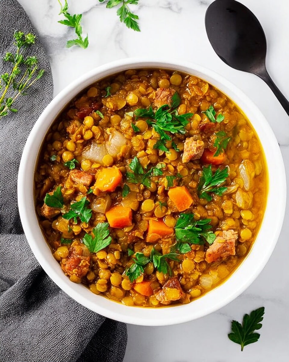 A white bowl filled with a thick lentil stew showing two main layers: the base of soft, yellowish lentils mixed with small orange carrot chunks and light brown pieces of cooked meat, topped with fresh green parsley leaves scattered on the surface. The stew has a slightly oily shine with some pieces of onion visible, all sitting on a white marbled surface with a dark spoon and a gray cloth nearby. Photo taken with an iphone --ar 4:5 --v 7