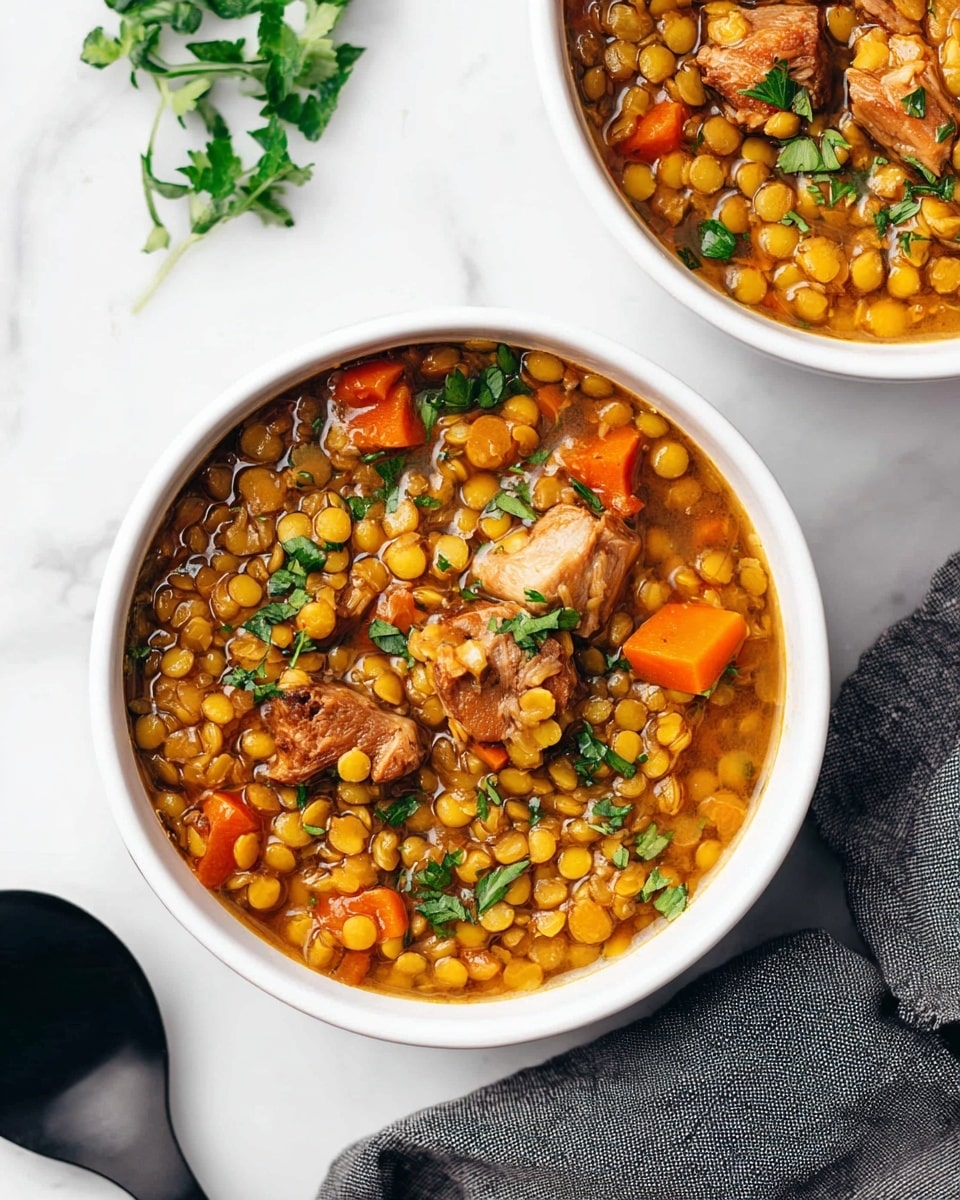 The image shows a white bowl filled with a hearty lentil stew containing layers of small yellow lentils, tender pieces of cooked meat, and diced orange carrots, all mixed in a rich, slightly thick brownish broth. Bright green chopped herbs are sprinkled on top, adding a fresh contrast to the warm tones of the dish. The bowl sits on a white marbled surface next to a black ladle on the left side and part of a folded gray cloth underneath and to the right. Another similar bowl filled with the same legume stew is partially visible in the top part of the image. photo taken with an iphone --ar 4:5 --v 7