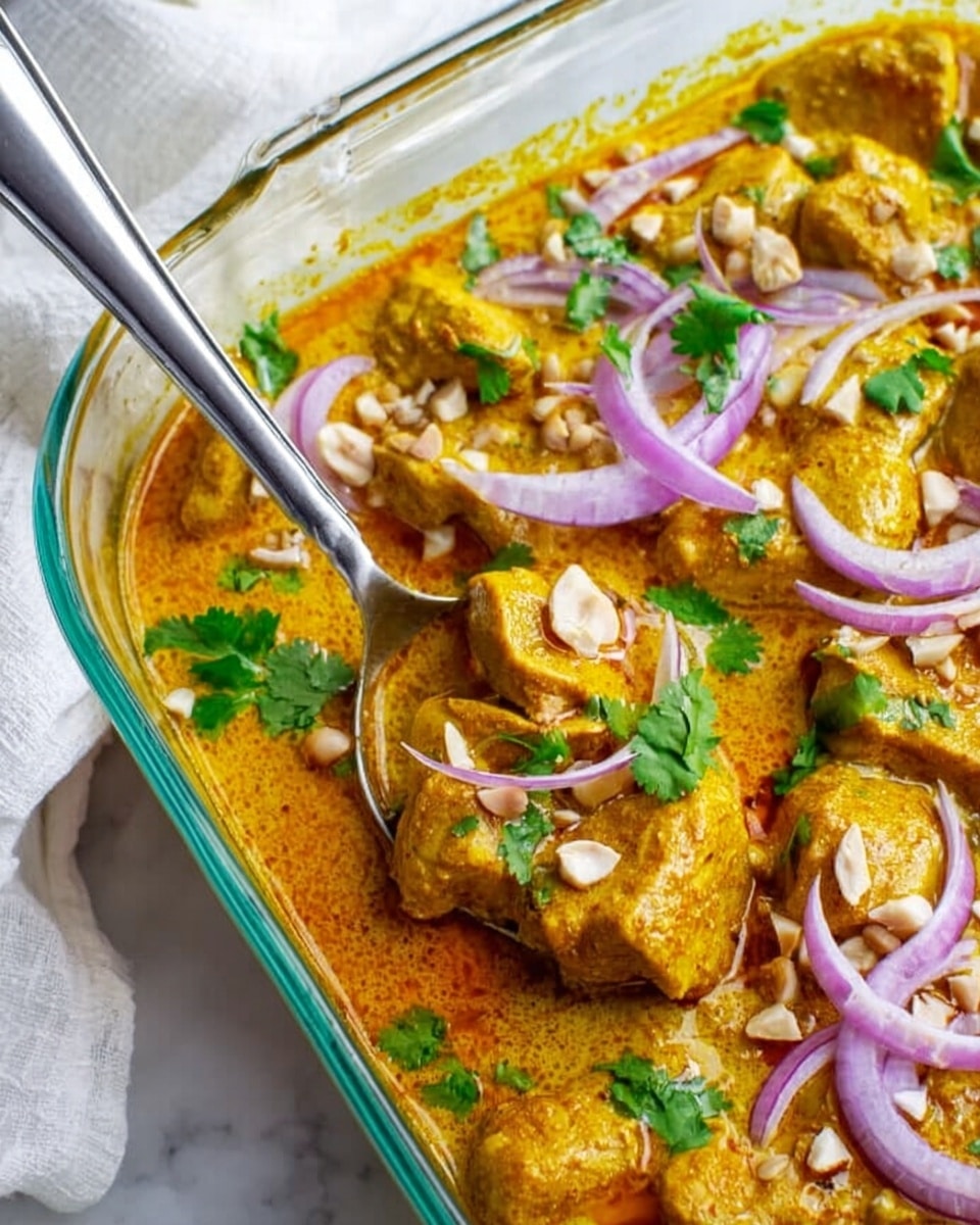 The image shows a close-up view of a glass baking dish filled with a rich, orange-yellow curry with chunks of chicken. On top of the curry, there are thin slices of purple-red onion and small pieces of chopped white nuts scattered around. Fresh green cilantro leaves are placed as garnish, adding a bright contrast. A silver spoon is scooping some of the chicken curry from the dish, with the spoon resting partly inside the dish. The background is a white marbled texture with a white cloth partly visible on the left side. Photo taken with an iphone --ar 4:5 --v 7