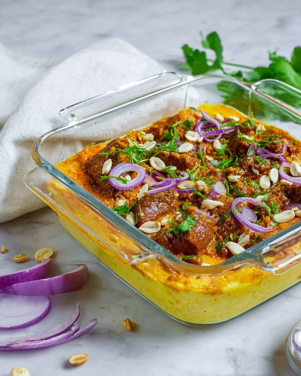 The image shows a square glass baking dish filled with a dish that has two clear layers. The bottom layer is thick and yellow with a smooth texture, while the top layer is a rich orange sauce covering chunks of browned food, likely meat or vegetables. This top layer is garnished with scattered white nut pieces, thin slices of purple onion, and bright green fresh herb leaves, adding color and texture. The dish is placed on a white marbled surface, with some purple onion slices and nut pieces nearby, and a white cloth and green leaves in the background. photo taken with an iphone --ar 4:5 --v 7