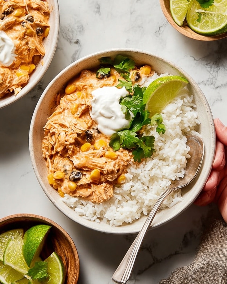 Two white bowls are placed on a white marbled surface, each filled with a base layer of white rice. On top of the rice is a creamy mix of shredded chicken, black beans, and corn with an orange tint. A dollop of sour cream with a smooth white texture sits on the chicken mixture in each bowl. One bowl contains a wedge of lime resting on the edge, while fresh green cilantro leaves garnish the chicken. A spoon is placed in one bowl with a woman's hand holding it, scooping the food. A small white bowl with lime wedges is seen in the background. photo taken with an iphone --ar 4:5 --v 7