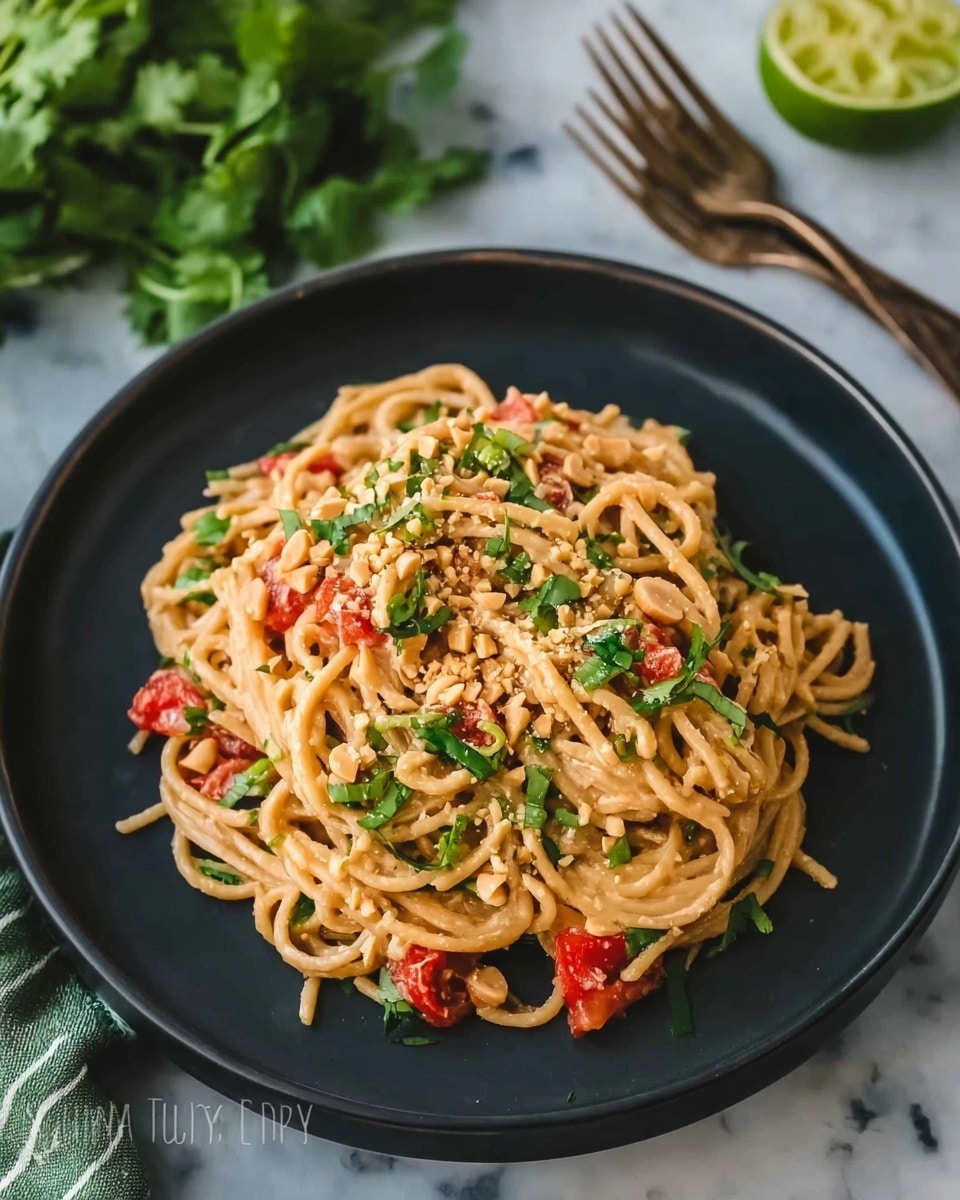 A dark round plate holds a serving of noodles mixed with chopped peanuts, small red tomato pieces, and green herbs scattered on top. The noodles are light brown with a slightly shiny, oily texture. The dark plate contrasts with the vibrant colors of the noodles, peanuts, and fresh herbs. The plate is set on a white marbled surface with a lime, coriander leaves, and a fork placed nearby. Photo taken with an iphone --ar 4:5 --v 7