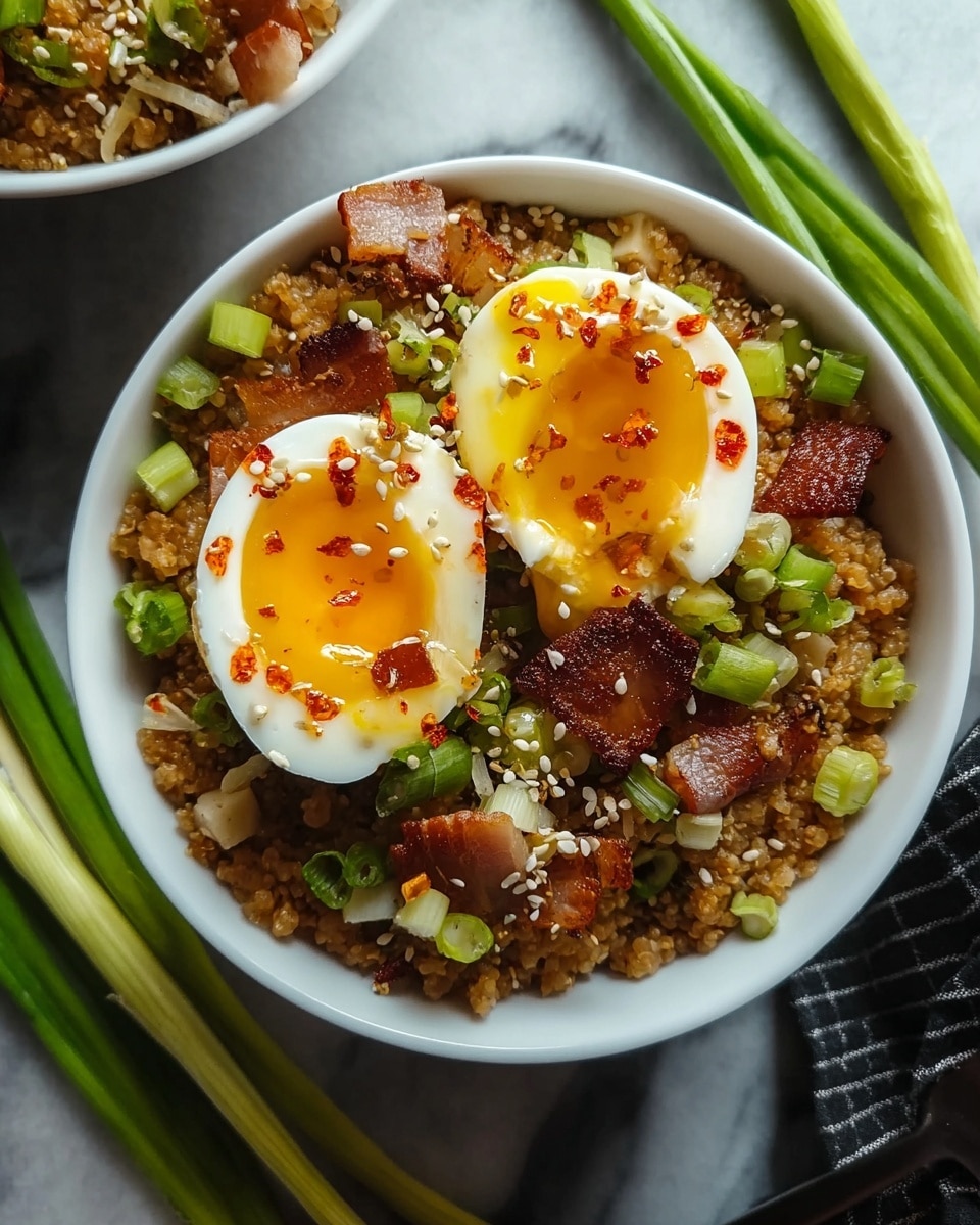 A white bowl filled with a layer of light brown cooked grains mixed with green sliced scallions and pieces of crispy brown bacon, topped with a halved soft-boiled egg showing a bright yellow runny yolk and sprinkled with white sesame seeds and red chili flakes, all set against a white marbled surface with green scallion stalks around. photo taken with an iphone --ar 4:5 --v 7